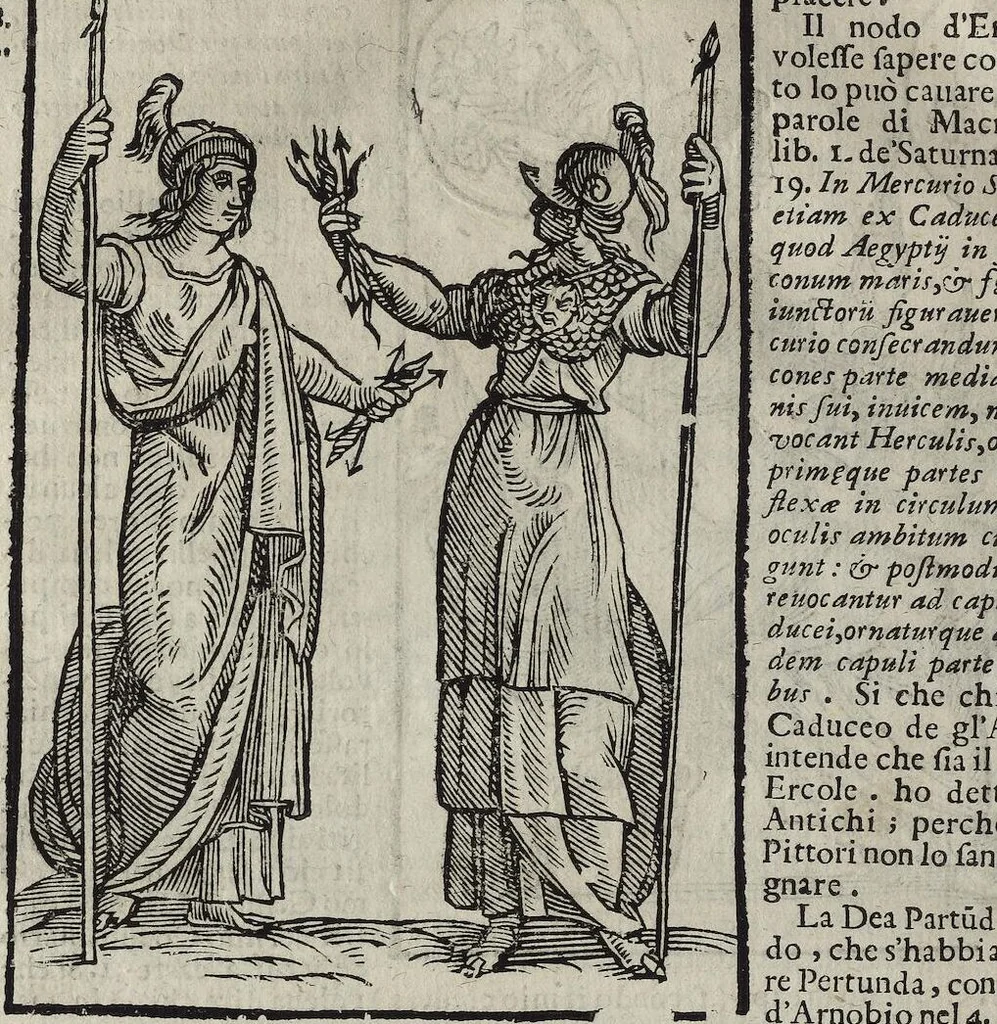 An illustration from Imagini Delli Dei De Gl'Antichi Di Vincenzo Cartari Reggiano: Ridotte da capo à piedi alle loro reali, & non più per l'adietro osseruate simiglianze. Cauate da' Marmi, Bronzi, Medaglie, Gioie, & altre memorie antiche; con esquisito studio, & particolare diligenza Da Lorenzo Pignoria Padoano. Aggionteui le Annotationi del medesimo sopra tutta l'opera ... Con le Allegorie sopra le Imagini di Cesare Malfatti Padoano, migliorate, & accresciute nouamente. Et vn Catalogo di cento più famosi dei della Gentilità. Con l'aggiunta d'vn'altro Catalogo de gl'Autori Antichi, & Moderni ..., 1674, leaf 312