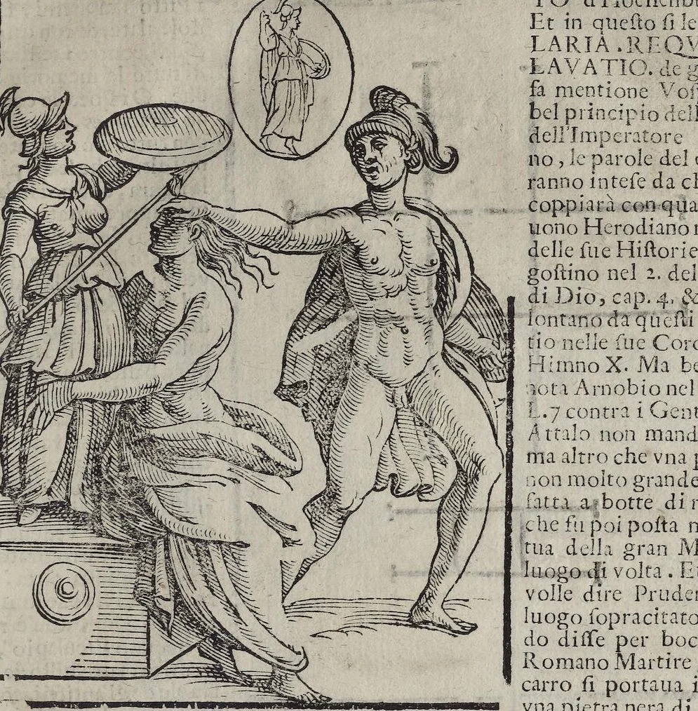 An illustration from Imagini Delli Dei De Gl'Antichi Di Vincenzo Cartari Reggiano: Ridotte da capo à piedi alle loro reali, & non più per l'adietro osseruate simiglianze. Cauate da' Marmi, Bronzi, Medaglie, Gioie, & altre memorie antiche; con esquisito studio, & particolare diligenza Da Lorenzo Pignoria Padoano. Aggionteui le Annotationi del medesimo sopra tutta l'opera ... Con le Allegorie sopra le Imagini di Cesare Malfatti Padoano, migliorate, & accresciute nouamente. Et vn Catalogo di cento più famosi dei della Gentilità. Con l'aggiunta d'vn'altro Catalogo de gl'Autori Antichi, & Moderni ..., 1674, leaf 313