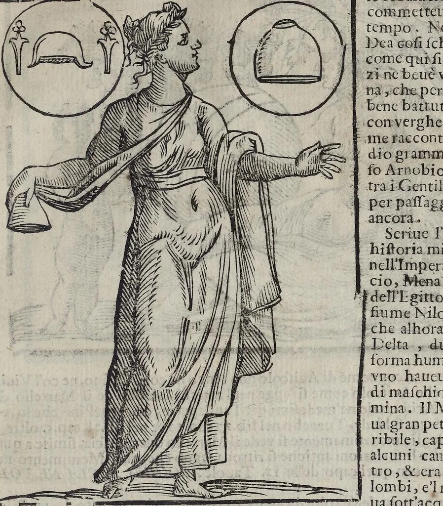 An illustration from Imagini Delli Dei De Gl'Antichi Di Vincenzo Cartari Reggiano: Ridotte da capo à piedi alle loro reali, & non più per l'adietro osseruate simiglianze. Cauate da' Marmi, Bronzi, Medaglie, Gioie, & altre memorie antiche; con esquisito studio, & particolare diligenza Da Lorenzo Pignoria Padoano. Aggionteui le Annotationi del medesimo sopra tutta l'opera ... Con le Allegorie sopra le Imagini di Cesare Malfatti Padoano, migliorate, & accresciute nouamente. Et vn Catalogo di cento più famosi dei della Gentilità. Con l'aggiunta d'vn'altro Catalogo de gl'Autori Antichi, & Moderni ..., 1674, leaf 315