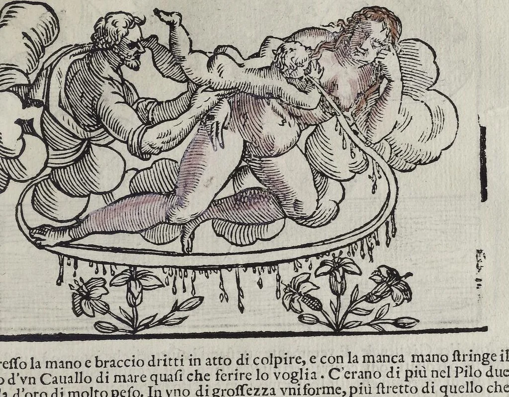 An illustration from Imagini Delli Dei De Gl'Antichi Di Vincenzo Cartari Reggiano: Ridotte da capo à piedi alle loro reali, & non più per l'adietro osseruate simiglianze. Cauate da' Marmi, Bronzi, Medaglie, Gioie, & altre memorie antiche; con esquisito studio, & particolare diligenza Da Lorenzo Pignoria Padoano. Aggionteui le Annotationi del medesimo sopra tutta l'opera ... Con le Allegorie sopra le Imagini di Cesare Malfatti Padoano, migliorate, & accresciute nouamente. Et vn Catalogo di cento più famosi dei della Gentilità. Con l'aggiunta d'vn'altro Catalogo de gl'Autori Antichi, & Moderni ..., 1674, leaf 317
