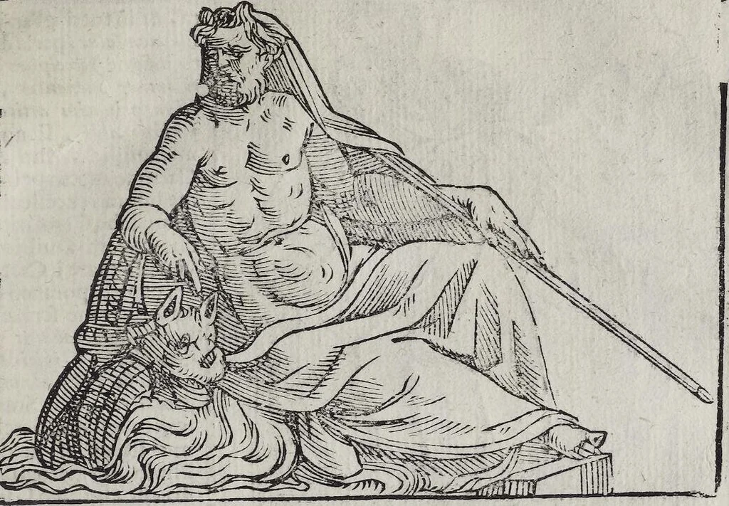 An illustration from Imagini Delli Dei De Gl'Antichi Di Vincenzo Cartari Reggiano: Ridotte da capo à piedi alle loro reali, & non più per l'adietro osseruate simiglianze. Cauate da' Marmi, Bronzi, Medaglie, Gioie, & altre memorie antiche; con esquisito studio, & particolare diligenza Da Lorenzo Pignoria Padoano. Aggionteui le Annotationi del medesimo sopra tutta l'opera ... Con le Allegorie sopra le Imagini di Cesare Malfatti Padoano, migliorate, & accresciute nouamente. Et vn Catalogo di cento più famosi dei della Gentilità. Con l'aggiunta d'vn'altro Catalogo de gl'Autori Antichi, & Moderni ..., 1674, leaf 319