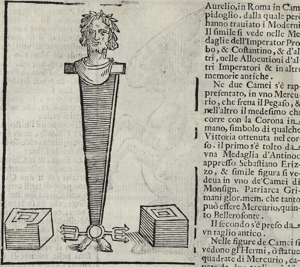 An illustration from Imagini Delli Dei De Gl'Antichi Di Vincenzo Cartari Reggiano: Ridotte da capo à piedi alle loro reali, & non più per l'adietro osseruate simiglianze. Cauate da' Marmi, Bronzi, Medaglie, Gioie, & altre memorie antiche; con esquisito studio, & particolare diligenza Da Lorenzo Pignoria Padoano. Aggionteui le Annotationi del medesimo sopra tutta l'opera ... Con le Allegorie sopra le Imagini di Cesare Malfatti Padoano, migliorate, & accresciute nouamente. Et vn Catalogo di cento più famosi dei della Gentilità. Con l'aggiunta d'vn'altro Catalogo de gl'Autori Antichi, & Moderni ..., 1674, leaf 324