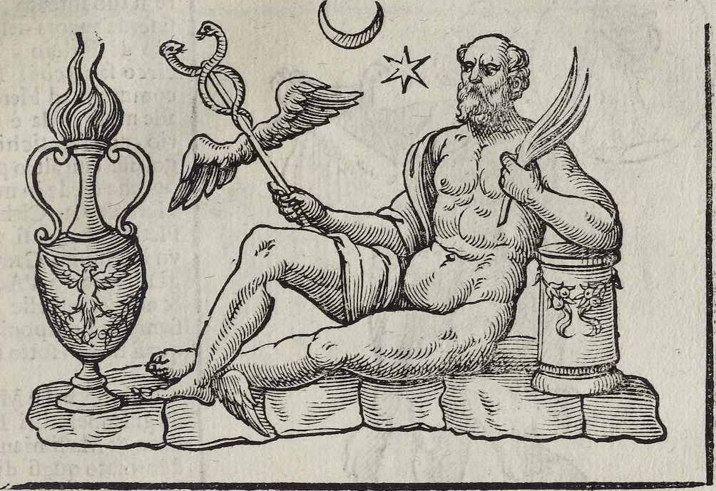 An illustration from Imagini Delli Dei De Gl'Antichi Di Vincenzo Cartari Reggiano: Ridotte da capo à piedi alle loro reali, & non più per l'adietro osseruate simiglianze. Cauate da' Marmi, Bronzi, Medaglie, Gioie, & altre memorie antiche; con esquisito studio, & particolare diligenza Da Lorenzo Pignoria Padoano. Aggionteui le Annotationi del medesimo sopra tutta l'opera ... Con le Allegorie sopra le Imagini di Cesare Malfatti Padoano, migliorate, & accresciute nouamente. Et vn Catalogo di cento più famosi dei della Gentilità. Con l'aggiunta d'vn'altro Catalogo de gl'Autori Antichi, & Moderni ..., 1674, leaf 325