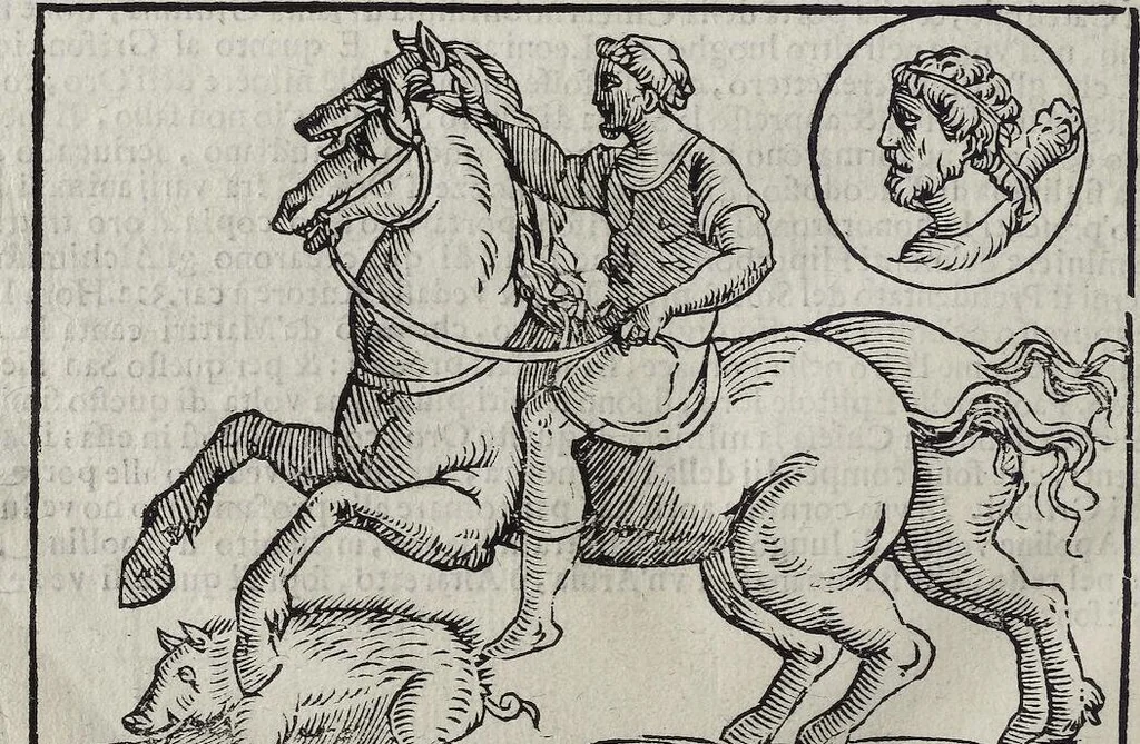 An illustration from Imagini Delli Dei De Gl'Antichi Di Vincenzo Cartari Reggiano: Ridotte da capo à piedi alle loro reali, & non più per l'adietro osseruate simiglianze. Cauate da' Marmi, Bronzi, Medaglie, Gioie, & altre memorie antiche; con esquisito studio, & particolare diligenza Da Lorenzo Pignoria Padoano. Aggionteui le Annotationi del medesimo sopra tutta l'opera ... Con le Allegorie sopra le Imagini di Cesare Malfatti Padoano, migliorate, & accresciute nouamente. Et vn Catalogo di cento più famosi dei della Gentilità. Con l'aggiunta d'vn'altro Catalogo de gl'Autori Antichi, & Moderni ..., 1674, leaf 328