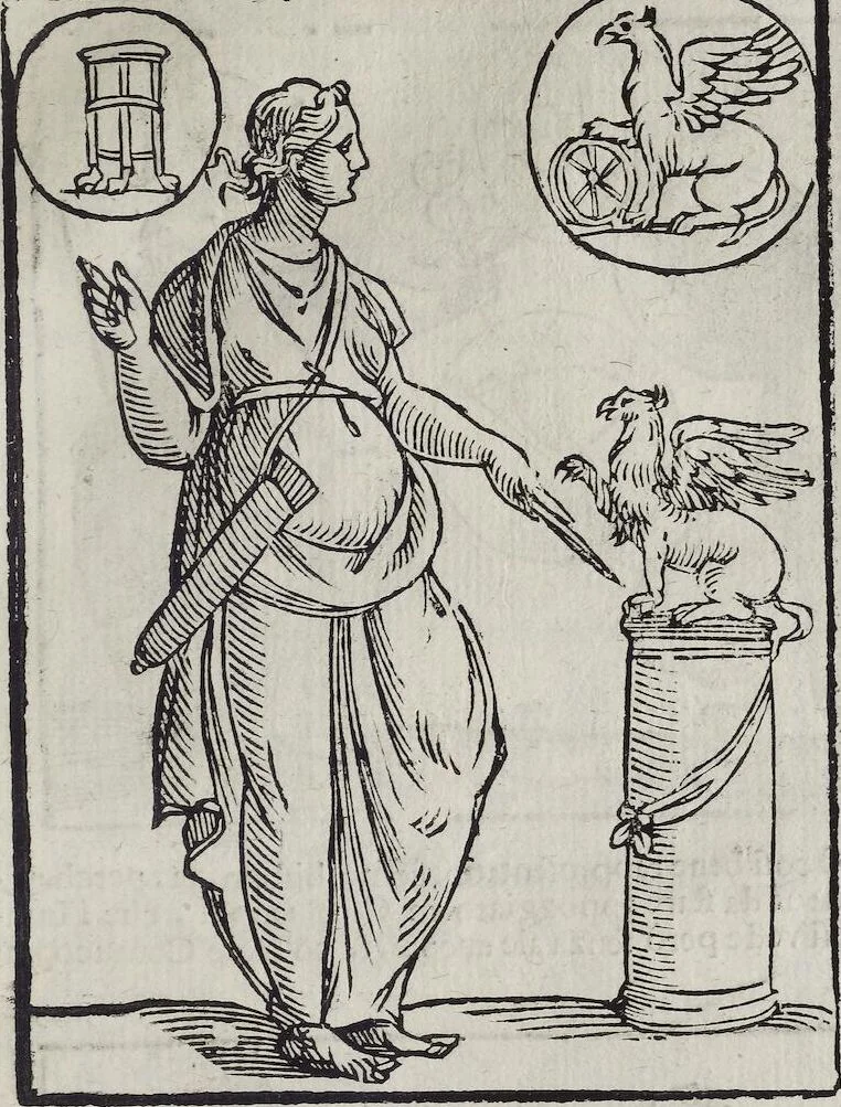 An illustration from Imagini Delli Dei De Gl'Antichi Di Vincenzo Cartari Reggiano: Ridotte da capo à piedi alle loro reali, & non più per l'adietro osseruate simiglianze. Cauate da' Marmi, Bronzi, Medaglie, Gioie, & altre memorie antiche; con esquisito studio, & particolare diligenza Da Lorenzo Pignoria Padoano. Aggionteui le Annotationi del medesimo sopra tutta l'opera ... Con le Allegorie sopra le Imagini di Cesare Malfatti Padoano, migliorate, & accresciute nouamente. Et vn Catalogo di cento più famosi dei della Gentilità. Con l'aggiunta d'vn'altro Catalogo de gl'Autori Antichi, & Moderni ..., 1674, leaf 329