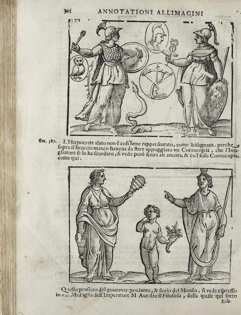An illustration from Imagini Delli Dei De Gl'Antichi Di Vincenzo Cartari Reggiano: Ridotte da capo à piedi alle loro reali, & non più per l'adietro osseruate simiglianze. Cauate da' Marmi, Bronzi, Medaglie, Gioie, & altre memorie antiche; con esquisito studio, & particolare diligenza Da Lorenzo Pignoria Padoano. Aggionteui le Annotationi del medesimo sopra tutta l'opera ... Con le Allegorie sopra le Imagini di Cesare Malfatti Padoano, migliorate, & accresciute nouamente. Et vn Catalogo di cento più famosi dei della Gentilità. Con l'aggiunta d'vn'altro Catalogo de gl'Autori Antichi, & Moderni ..., 1674, leaf 330