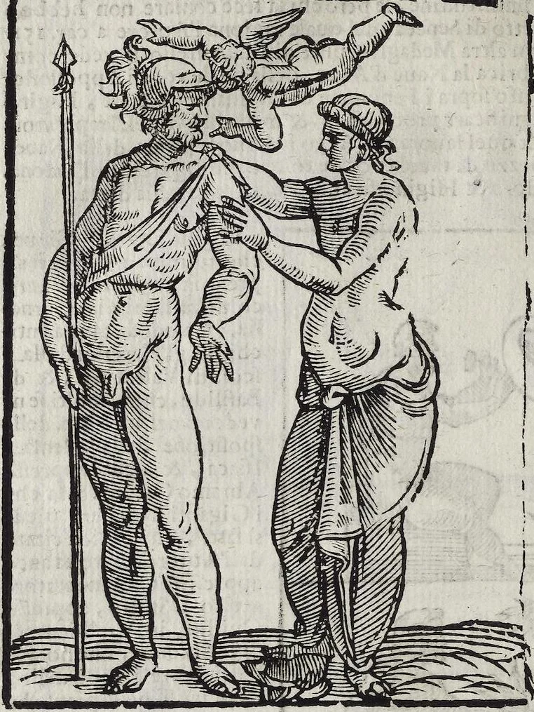 An illustration from Imagini Delli Dei De Gl'Antichi Di Vincenzo Cartari Reggiano: Ridotte da capo à piedi alle loro reali, & non più per l'adietro osseruate simiglianze. Cauate da' Marmi, Bronzi, Medaglie, Gioie, & altre memorie antiche; con esquisito studio, & particolare diligenza Da Lorenzo Pignoria Padoano. Aggionteui le Annotationi del medesimo sopra tutta l'opera ... Con le Allegorie sopra le Imagini di Cesare Malfatti Padoano, migliorate, & accresciute nouamente. Et vn Catalogo di cento più famosi dei della Gentilità. Con l'aggiunta d'vn'altro Catalogo de gl'Autori Antichi, & Moderni ..., 1674, leaf 332