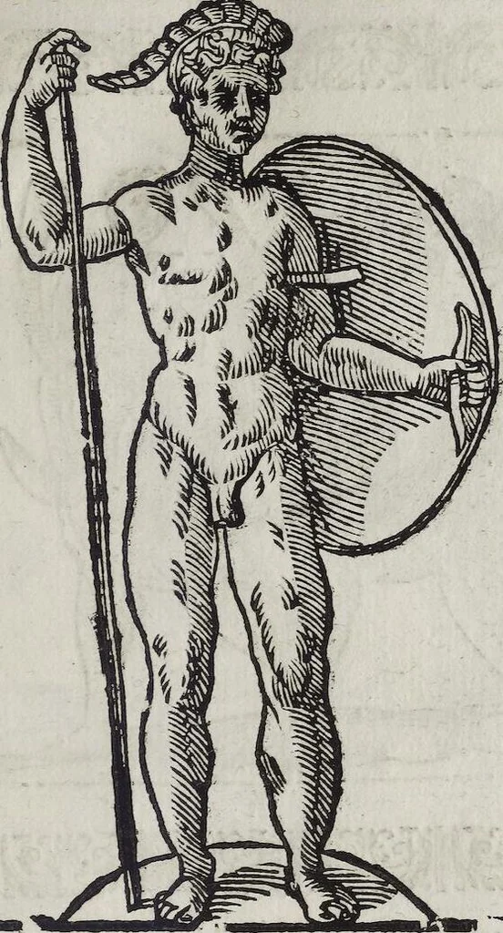 An illustration from Imagini Delli Dei De Gl'Antichi Di Vincenzo Cartari Reggiano: Ridotte da capo à piedi alle loro reali, & non più per l'adietro osseruate simiglianze. Cauate da' Marmi, Bronzi, Medaglie, Gioie, & altre memorie antiche; con esquisito studio, & particolare diligenza Da Lorenzo Pignoria Padoano. Aggionteui le Annotationi del medesimo sopra tutta l'opera ... Con le Allegorie sopra le Imagini di Cesare Malfatti Padoano, migliorate, & accresciute nouamente. Et vn Catalogo di cento più famosi dei della Gentilità. Con l'aggiunta d'vn'altro Catalogo de gl'Autori Antichi, & Moderni ..., 1674, leaf 333