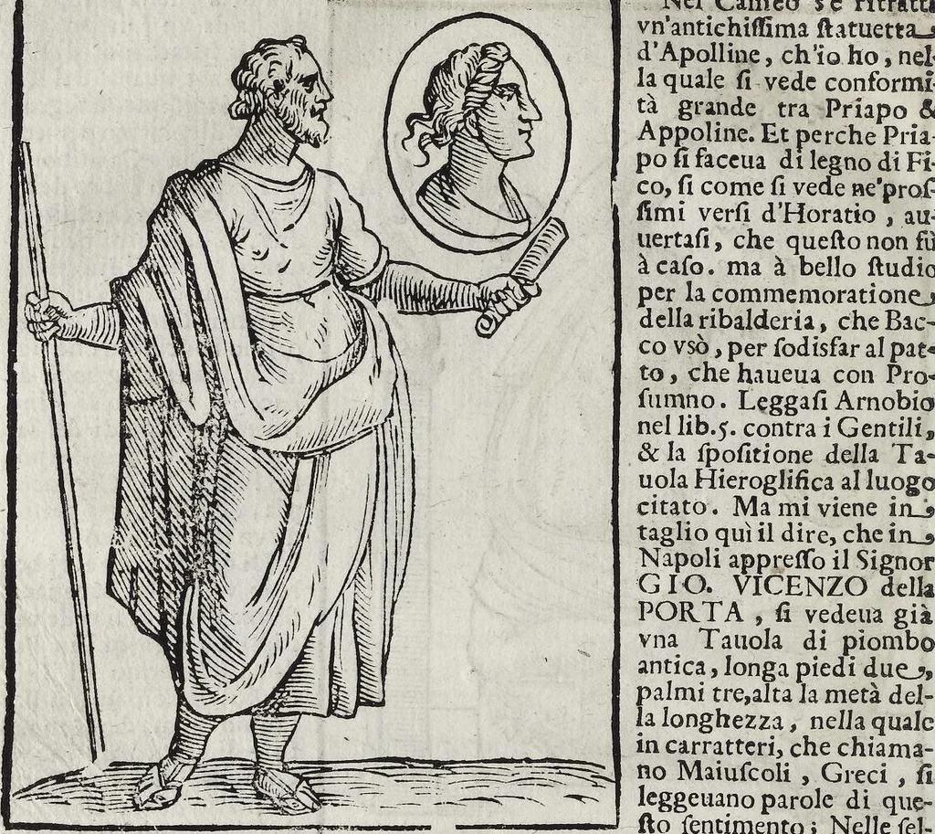 An illustration from Imagini Delli Dei De Gl'Antichi Di Vincenzo Cartari Reggiano: Ridotte da capo à piedi alle loro reali, & non più per l'adietro osseruate simiglianze. Cauate da' Marmi, Bronzi, Medaglie, Gioie, & altre memorie antiche; con esquisito studio, & particolare diligenza Da Lorenzo Pignoria Padoano. Aggionteui le Annotationi del medesimo sopra tutta l'opera ... Con le Allegorie sopra le Imagini di Cesare Malfatti Padoano, migliorate, & accresciute nouamente. Et vn Catalogo di cento più famosi dei della Gentilità. Con l'aggiunta d'vn'altro Catalogo de gl'Autori Antichi, & Moderni ..., 1674, leaf 336