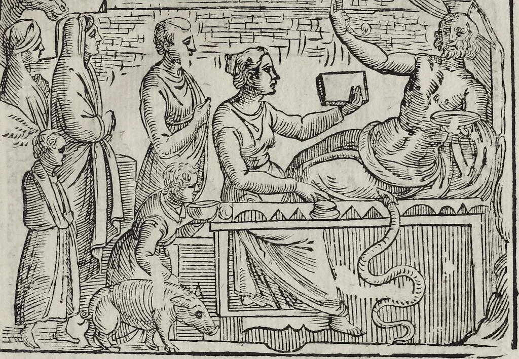 An illustration from Imagini Delli Dei De Gl'Antichi Di Vincenzo Cartari Reggiano: Ridotte da capo à piedi alle loro reali, & non più per l'adietro osseruate simiglianze. Cauate da' Marmi, Bronzi, Medaglie, Gioie, & altre memorie antiche; con esquisito studio, & particolare diligenza Da Lorenzo Pignoria Padoano. Aggionteui le Annotationi del medesimo sopra tutta l'opera ... Con le Allegorie sopra le Imagini di Cesare Malfatti Padoano, migliorate, & accresciute nouamente. Et vn Catalogo di cento più famosi dei della Gentilità. Con l'aggiunta d'vn'altro Catalogo de gl'Autori Antichi, & Moderni ..., 1674, leaf 337