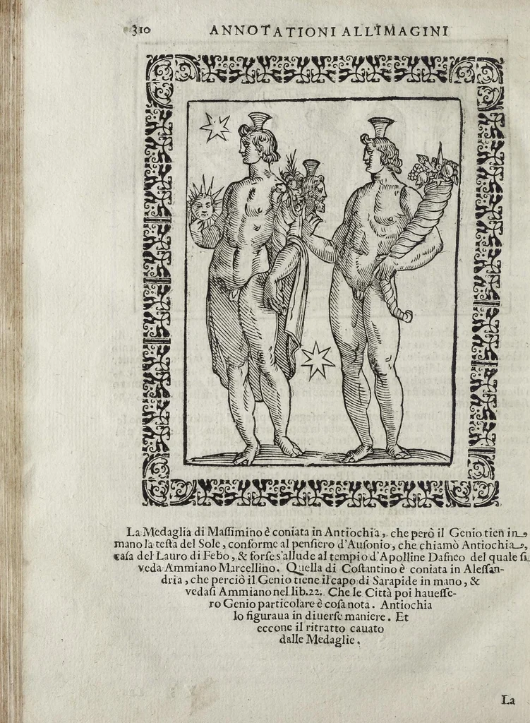 An illustration from Imagini Delli Dei De Gl'Antichi Di Vincenzo Cartari Reggiano: Ridotte da capo à piedi alle loro reali, & non più per l'adietro osseruate simiglianze. Cauate da' Marmi, Bronzi, Medaglie, Gioie, & altre memorie antiche; con esquisito studio, & particolare diligenza Da Lorenzo Pignoria Padoano. Aggionteui le Annotationi del medesimo sopra tutta l'opera ... Con le Allegorie sopra le Imagini di Cesare Malfatti Padoano, migliorate, & accresciute nouamente. Et vn Catalogo di cento più famosi dei della Gentilità. Con l'aggiunta d'vn'altro Catalogo de gl'Autori Antichi, & Moderni ..., 1674, leaf 338