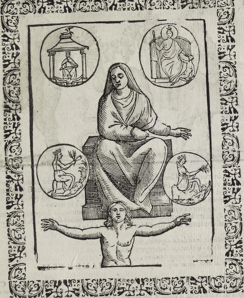 An illustration from Imagini Delli Dei De Gl'Antichi Di Vincenzo Cartari Reggiano: Ridotte da capo à piedi alle loro reali, & non più per l'adietro osseruate simiglianze. Cauate da' Marmi, Bronzi, Medaglie, Gioie, & altre memorie antiche; con esquisito studio, & particolare diligenza Da Lorenzo Pignoria Padoano. Aggionteui le Annotationi del medesimo sopra tutta l'opera ... Con le Allegorie sopra le Imagini di Cesare Malfatti Padoano, migliorate, & accresciute nouamente. Et vn Catalogo di cento più famosi dei della Gentilità. Con l'aggiunta d'vn'altro Catalogo de gl'Autori Antichi, & Moderni ..., 1674, leaf 339
