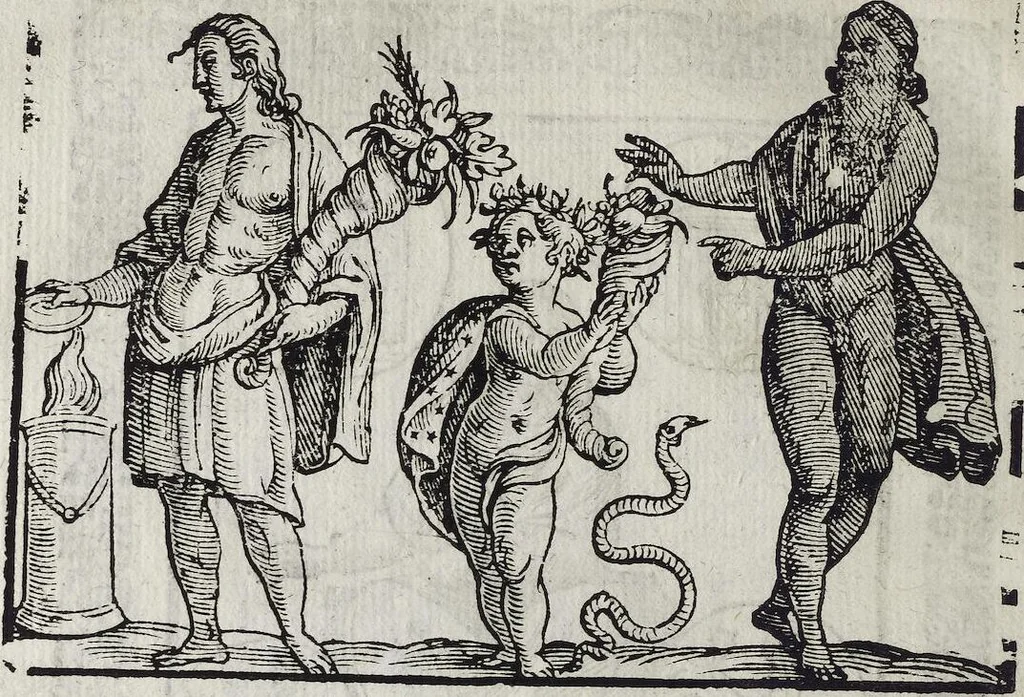 An illustration from Imagini Delli Dei De Gl'Antichi Di Vincenzo Cartari Reggiano: Ridotte da capo à piedi alle loro reali, & non più per l'adietro osseruate simiglianze. Cauate da' Marmi, Bronzi, Medaglie, Gioie, & altre memorie antiche; con esquisito studio, & particolare diligenza Da Lorenzo Pignoria Padoano. Aggionteui le Annotationi del medesimo sopra tutta l'opera ... Con le Allegorie sopra le Imagini di Cesare Malfatti Padoano, migliorate, & accresciute nouamente. Et vn Catalogo di cento più famosi dei della Gentilità. Con l'aggiunta d'vn'altro Catalogo de gl'Autori Antichi, & Moderni ..., 1674, leaf 340