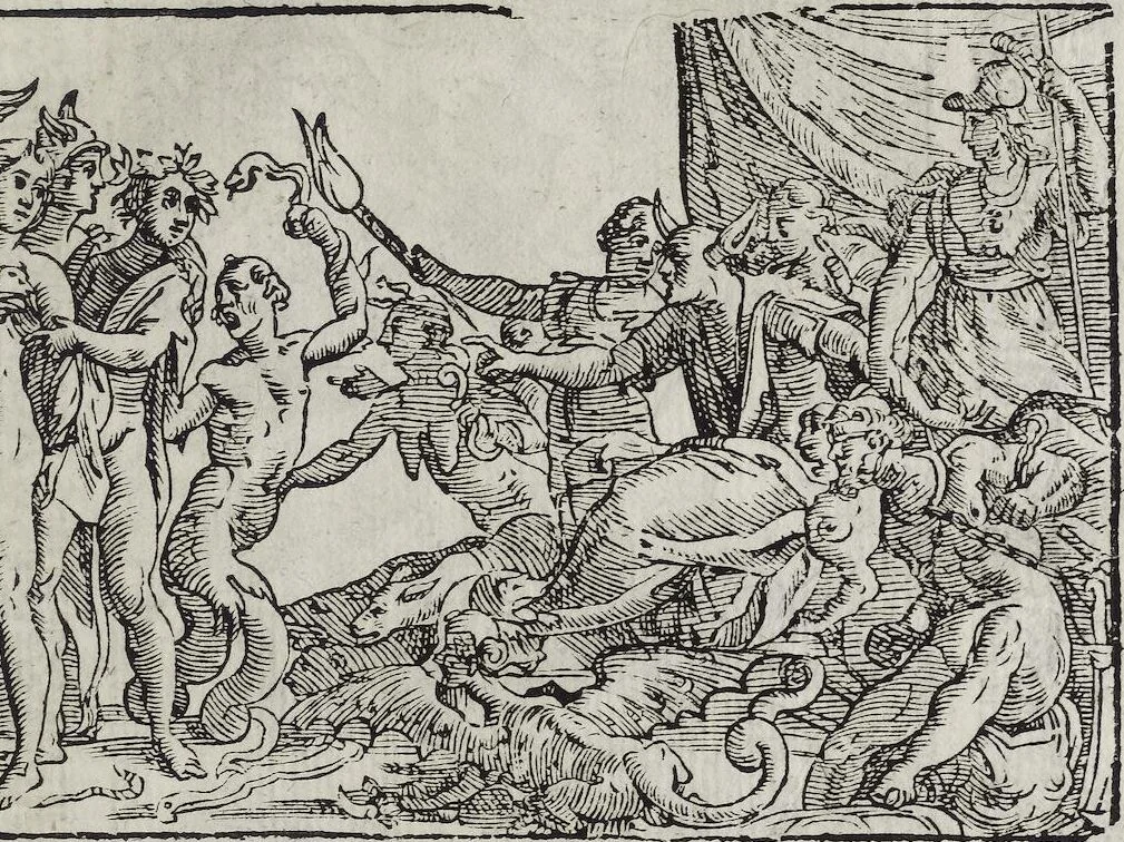 An illustration from Imagini Delli Dei De Gl'Antichi Di Vincenzo Cartari Reggiano: Ridotte da capo à piedi alle loro reali, & non più per l'adietro osseruate simiglianze. Cauate da' Marmi, Bronzi, Medaglie, Gioie, & altre memorie antiche; con esquisito studio, & particolare diligenza Da Lorenzo Pignoria Padoano. Aggionteui le Annotationi del medesimo sopra tutta l'opera ... Con le Allegorie sopra le Imagini di Cesare Malfatti Padoano, migliorate, & accresciute nouamente. Et vn Catalogo di cento più famosi dei della Gentilità. Con l'aggiunta d'vn'altro Catalogo de gl'Autori Antichi, & Moderni ..., 1674, leaf 341
