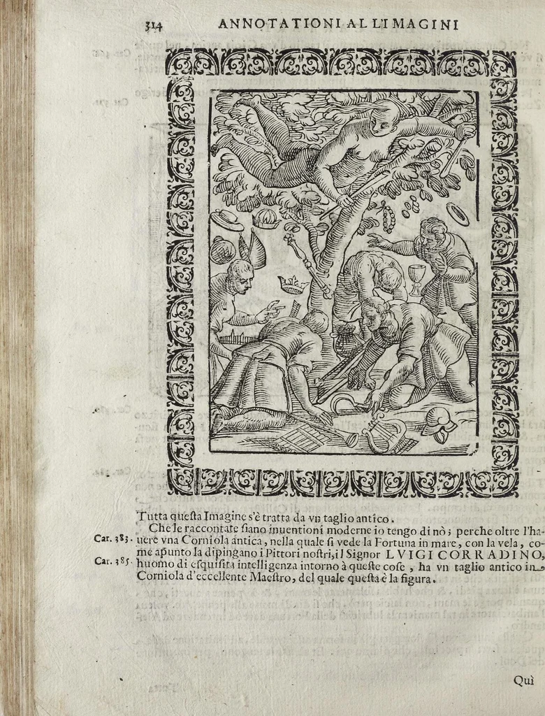 An illustration from Imagini Delli Dei De Gl'Antichi Di Vincenzo Cartari Reggiano: Ridotte da capo à piedi alle loro reali, & non più per l'adietro osseruate simiglianze. Cauate da' Marmi, Bronzi, Medaglie, Gioie, & altre memorie antiche; con esquisito studio, & particolare diligenza Da Lorenzo Pignoria Padoano. Aggionteui le Annotationi del medesimo sopra tutta l'opera ... Con le Allegorie sopra le Imagini di Cesare Malfatti Padoano, migliorate, & accresciute nouamente. Et vn Catalogo di cento più famosi dei della Gentilità. Con l'aggiunta d'vn'altro Catalogo de gl'Autori Antichi, & Moderni ..., 1674, leaf 342