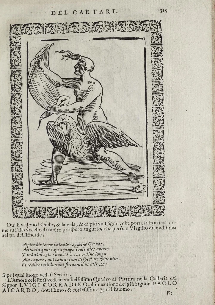An illustration from Imagini Delli Dei De Gl'Antichi Di Vincenzo Cartari Reggiano: Ridotte da capo à piedi alle loro reali, & non più per l'adietro osseruate simiglianze. Cauate da' Marmi, Bronzi, Medaglie, Gioie, & altre memorie antiche; con esquisito studio, & particolare diligenza Da Lorenzo Pignoria Padoano. Aggionteui le Annotationi del medesimo sopra tutta l'opera ... Con le Allegorie sopra le Imagini di Cesare Malfatti Padoano, migliorate, & accresciute nouamente. Et vn Catalogo di cento più famosi dei della Gentilità. Con l'aggiunta d'vn'altro Catalogo de gl'Autori Antichi, & Moderni ..., 1674, leaf 343