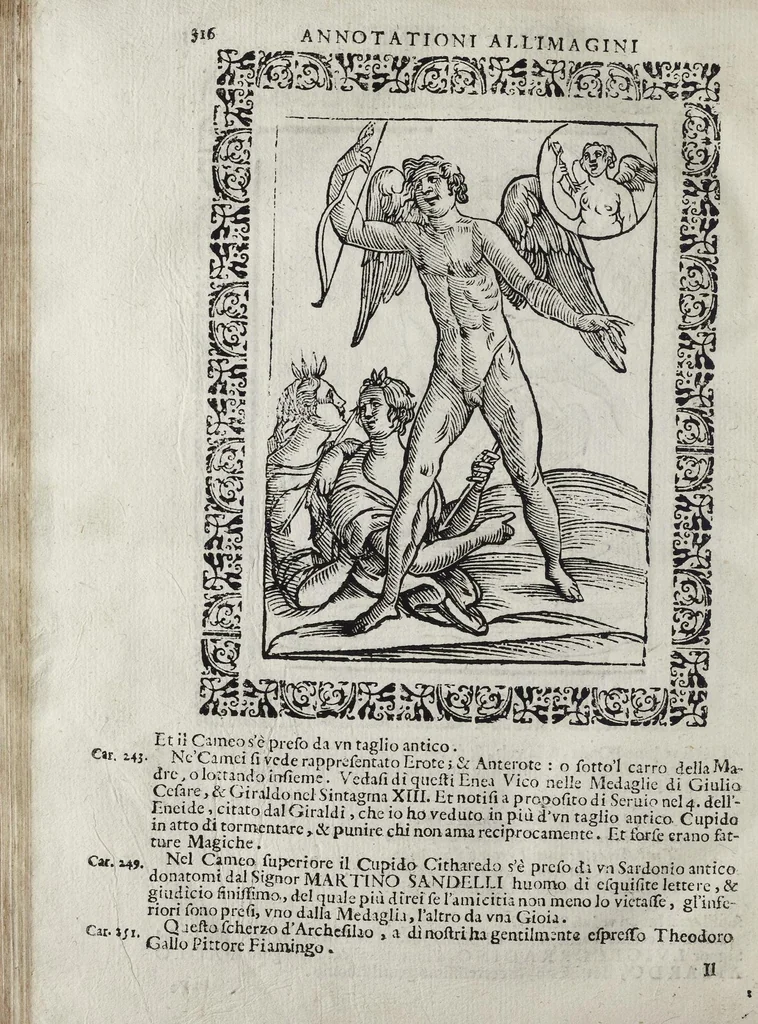 An illustration from Imagini Delli Dei De Gl'Antichi Di Vincenzo Cartari Reggiano: Ridotte da capo à piedi alle loro reali, & non più per l'adietro osseruate simiglianze. Cauate da' Marmi, Bronzi, Medaglie, Gioie, & altre memorie antiche; con esquisito studio, & particolare diligenza Da Lorenzo Pignoria Padoano. Aggionteui le Annotationi del medesimo sopra tutta l'opera ... Con le Allegorie sopra le Imagini di Cesare Malfatti Padoano, migliorate, & accresciute nouamente. Et vn Catalogo di cento più famosi dei della Gentilità. Con l'aggiunta d'vn'altro Catalogo de gl'Autori Antichi, & Moderni ..., 1674, leaf 344