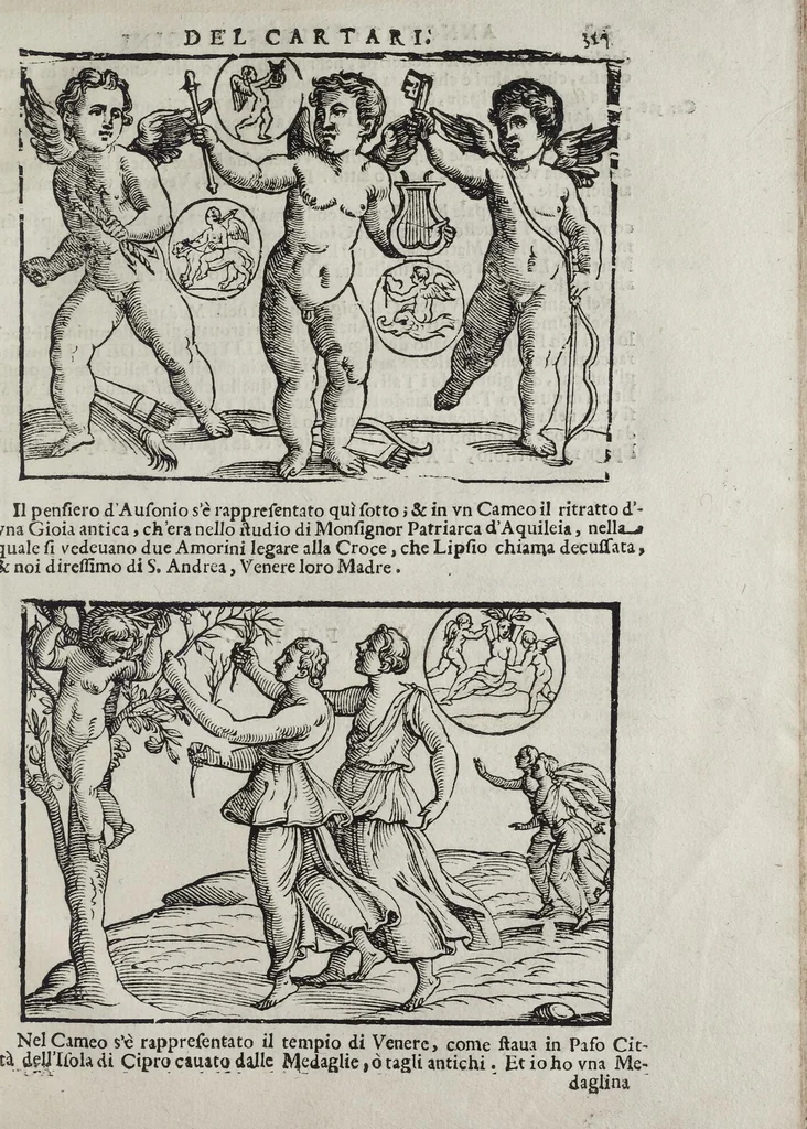 An illustration from Imagini Delli Dei De Gl'Antichi Di Vincenzo Cartari Reggiano: Ridotte da capo à piedi alle loro reali, & non più per l'adietro osseruate simiglianze. Cauate da' Marmi, Bronzi, Medaglie, Gioie, & altre memorie antiche; con esquisito studio, & particolare diligenza Da Lorenzo Pignoria Padoano. Aggionteui le Annotationi del medesimo sopra tutta l'opera ... Con le Allegorie sopra le Imagini di Cesare Malfatti Padoano, migliorate, & accresciute nouamente. Et vn Catalogo di cento più famosi dei della Gentilità. Con l'aggiunta d'vn'altro Catalogo de gl'Autori Antichi, & Moderni ..., 1674, leaf 345