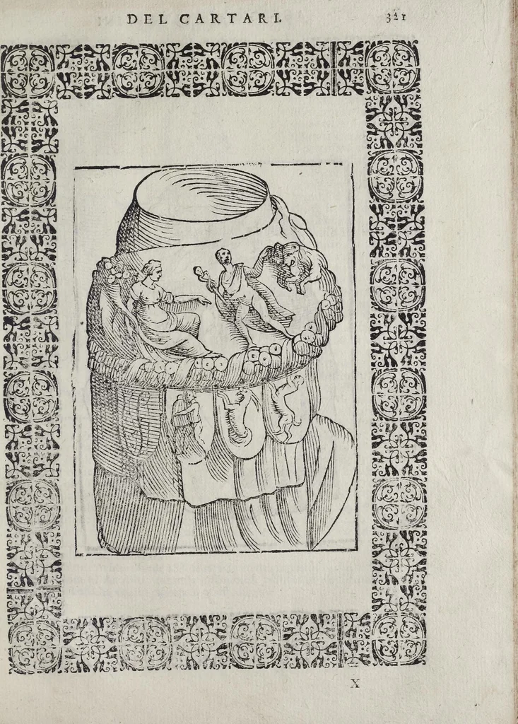 An illustration from Imagini Delli Dei De Gl'Antichi Di Vincenzo Cartari Reggiano: Ridotte da capo à piedi alle loro reali, & non più per l'adietro osseruate simiglianze. Cauate da' Marmi, Bronzi, Medaglie, Gioie, & altre memorie antiche; con esquisito studio, & particolare diligenza Da Lorenzo Pignoria Padoano. Aggionteui le Annotationi del medesimo sopra tutta l'opera ... Con le Allegorie sopra le Imagini di Cesare Malfatti Padoano, migliorate, & accresciute nouamente. Et vn Catalogo di cento più famosi dei della Gentilità. Con l'aggiunta d'vn'altro Catalogo de gl'Autori Antichi, & Moderni ..., 1674, leaf 349