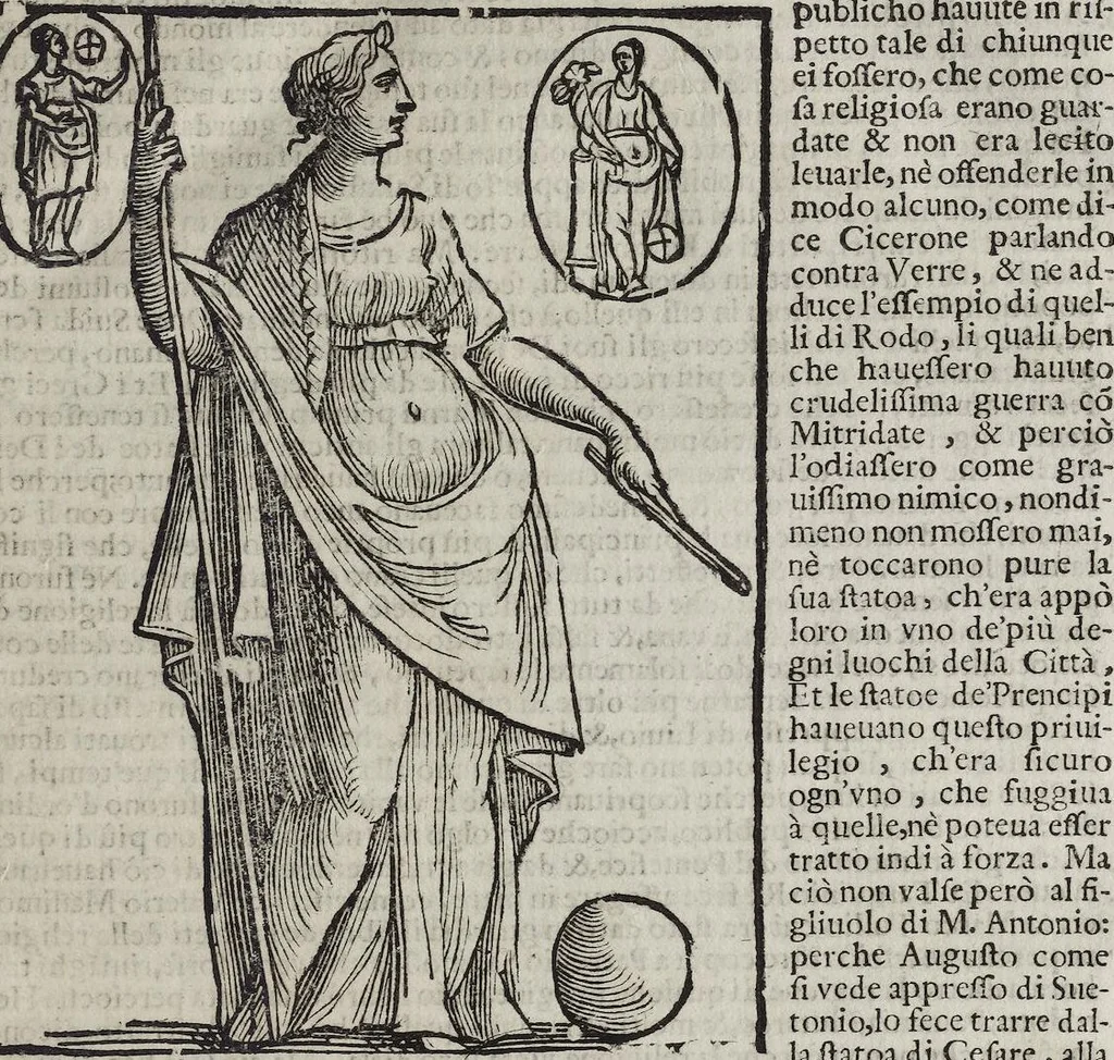 An illustration from Imagini Delli Dei De Gl'Antichi Di Vincenzo Cartari Reggiano: Ridotte da capo à piedi alle loro reali, & non più per l'adietro osseruate simiglianze. Cauate da' Marmi, Bronzi, Medaglie, Gioie, & altre memorie antiche; con esquisito studio, & particolare diligenza Da Lorenzo Pignoria Padoano. Aggionteui le Annotationi del medesimo sopra tutta l'opera ... Con le Allegorie sopra le Imagini di Cesare Malfatti Padoano, migliorate, & accresciute nouamente. Et vn Catalogo di cento più famosi dei della Gentilità. Con l'aggiunta d'vn'altro Catalogo de gl'Autori Antichi, & Moderni ..., 1674, leaf 35
