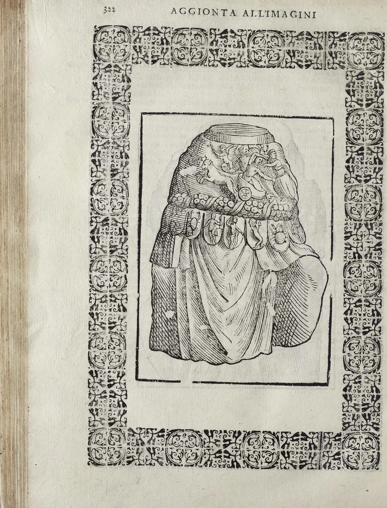 An illustration from Imagini Delli Dei De Gl'Antichi Di Vincenzo Cartari Reggiano: Ridotte da capo à piedi alle loro reali, & non più per l'adietro osseruate simiglianze. Cauate da' Marmi, Bronzi, Medaglie, Gioie, & altre memorie antiche; con esquisito studio, & particolare diligenza Da Lorenzo Pignoria Padoano. Aggionteui le Annotationi del medesimo sopra tutta l'opera ... Con le Allegorie sopra le Imagini di Cesare Malfatti Padoano, migliorate, & accresciute nouamente. Et vn Catalogo di cento più famosi dei della Gentilità. Con l'aggiunta d'vn'altro Catalogo de gl'Autori Antichi, & Moderni ..., 1674, leaf 350