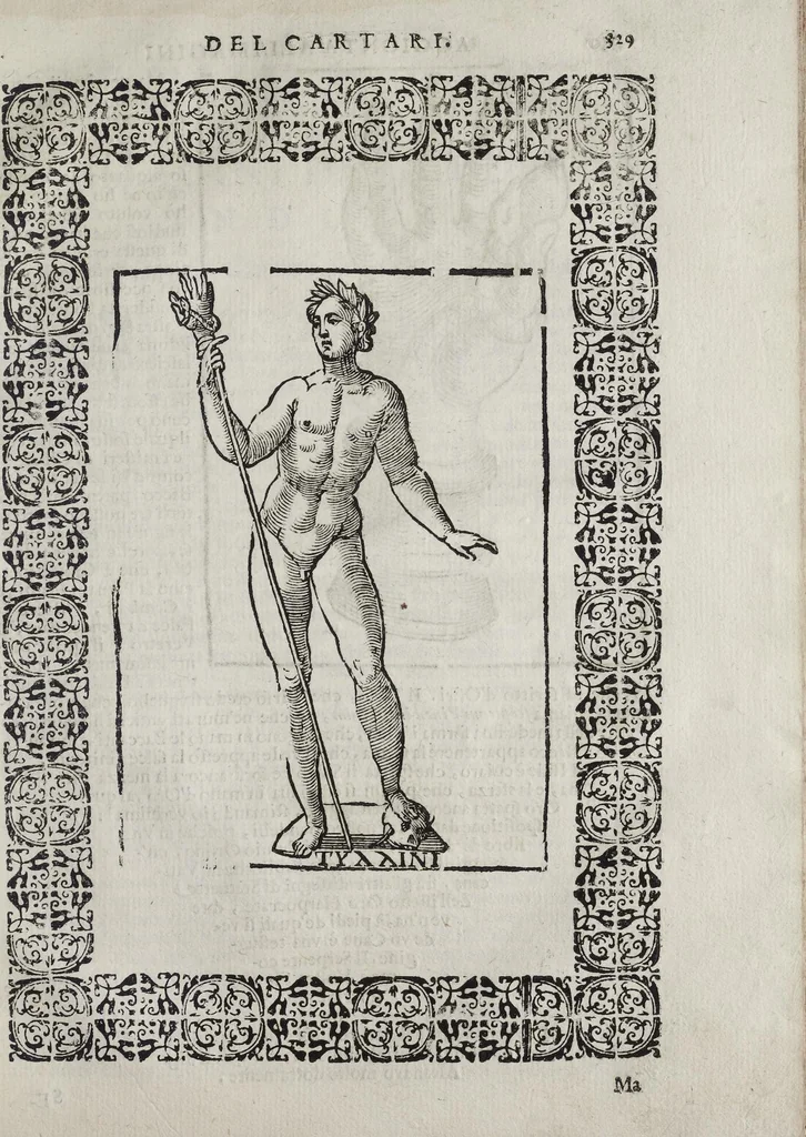 An illustration from Imagini Delli Dei De Gl'Antichi Di Vincenzo Cartari Reggiano: Ridotte da capo à piedi alle loro reali, & non più per l'adietro osseruate simiglianze. Cauate da' Marmi, Bronzi, Medaglie, Gioie, & altre memorie antiche; con esquisito studio, & particolare diligenza Da Lorenzo Pignoria Padoano. Aggionteui le Annotationi del medesimo sopra tutta l'opera ... Con le Allegorie sopra le Imagini di Cesare Malfatti Padoano, migliorate, & accresciute nouamente. Et vn Catalogo di cento più famosi dei della Gentilità. Con l'aggiunta d'vn'altro Catalogo de gl'Autori Antichi, & Moderni ..., 1674, leaf 357