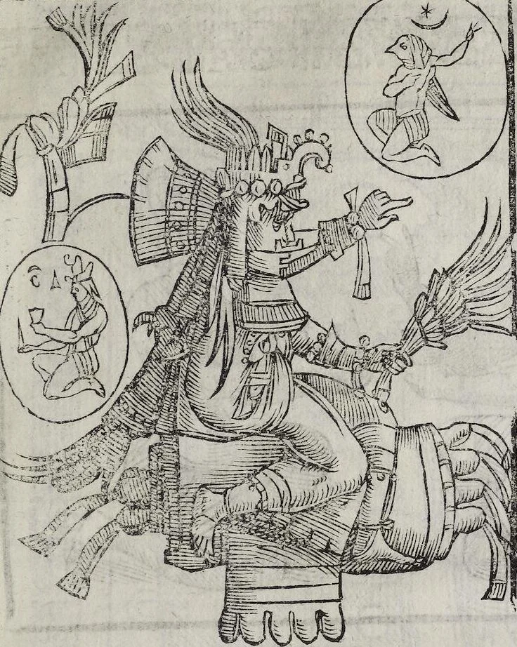 An illustration from Imagini Delli Dei De Gl'Antichi Di Vincenzo Cartari Reggiano: Ridotte da capo à piedi alle loro reali, & non più per l'adietro osseruate simiglianze. Cauate da' Marmi, Bronzi, Medaglie, Gioie, & altre memorie antiche; con esquisito studio, & particolare diligenza Da Lorenzo Pignoria Padoano. Aggionteui le Annotationi del medesimo sopra tutta l'opera ... Con le Allegorie sopra le Imagini di Cesare Malfatti Padoano, migliorate, & accresciute nouamente. Et vn Catalogo di cento più famosi dei della Gentilità. Con l'aggiunta d'vn'altro Catalogo de gl'Autori Antichi, & Moderni ..., 1674, leaf 361