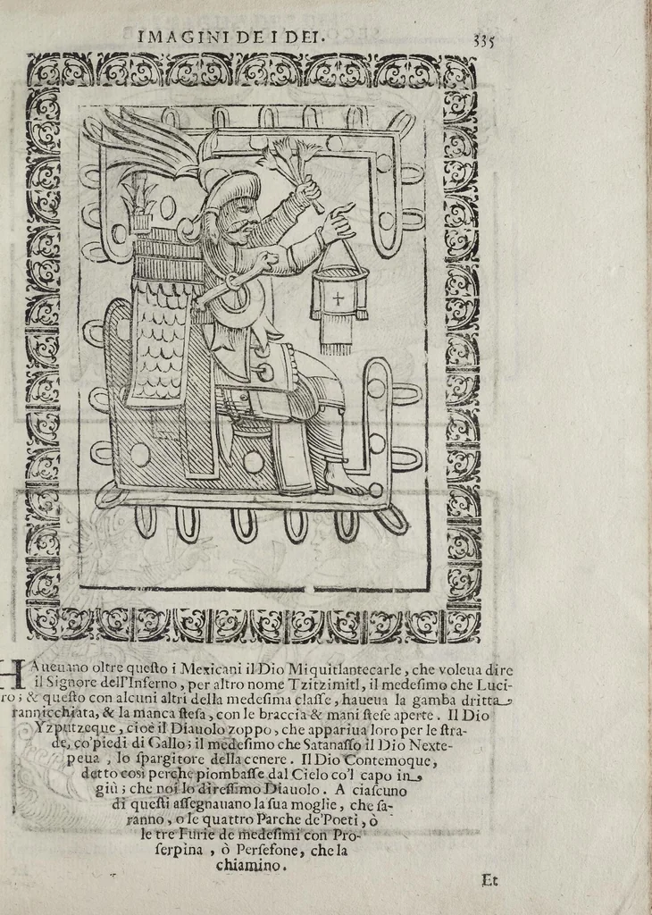 An illustration from Imagini Delli Dei De Gl'Antichi Di Vincenzo Cartari Reggiano: Ridotte da capo à piedi alle loro reali, & non più per l'adietro osseruate simiglianze. Cauate da' Marmi, Bronzi, Medaglie, Gioie, & altre memorie antiche; con esquisito studio, & particolare diligenza Da Lorenzo Pignoria Padoano. Aggionteui le Annotationi del medesimo sopra tutta l'opera ... Con le Allegorie sopra le Imagini di Cesare Malfatti Padoano, migliorate, & accresciute nouamente. Et vn Catalogo di cento più famosi dei della Gentilità. Con l'aggiunta d'vn'altro Catalogo de gl'Autori Antichi, & Moderni ..., 1674, leaf 363