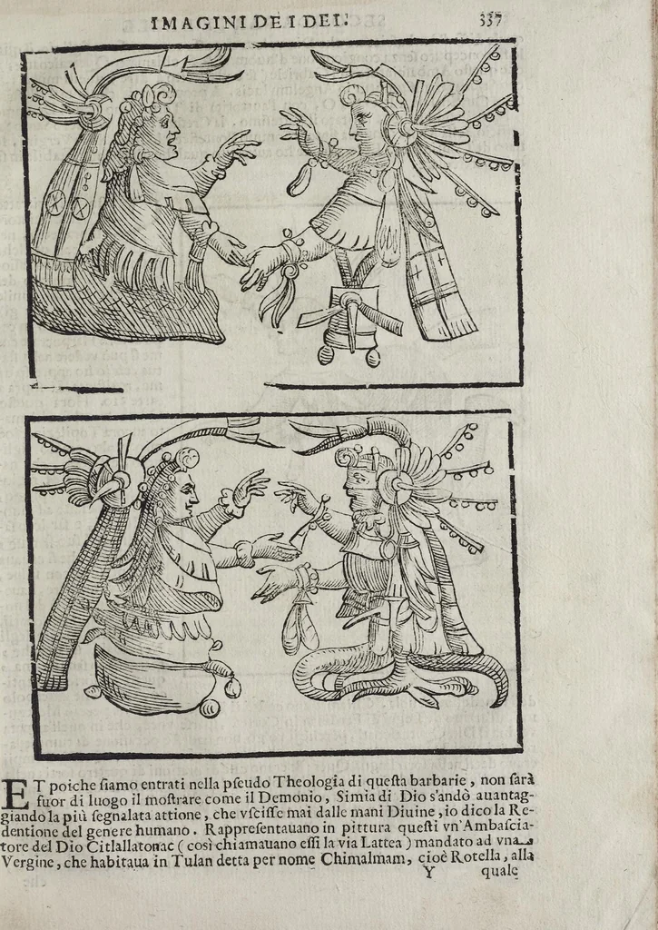 An illustration from Imagini Delli Dei De Gl'Antichi Di Vincenzo Cartari Reggiano: Ridotte da capo à piedi alle loro reali, & non più per l'adietro osseruate simiglianze. Cauate da' Marmi, Bronzi, Medaglie, Gioie, & altre memorie antiche; con esquisito studio, & particolare diligenza Da Lorenzo Pignoria Padoano. Aggionteui le Annotationi del medesimo sopra tutta l'opera ... Con le Allegorie sopra le Imagini di Cesare Malfatti Padoano, migliorate, & accresciute nouamente. Et vn Catalogo di cento più famosi dei della Gentilità. Con l'aggiunta d'vn'altro Catalogo de gl'Autori Antichi, & Moderni ..., 1674, leaf 365