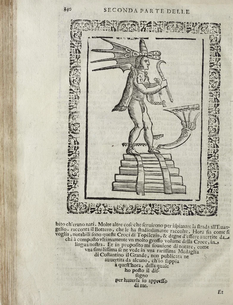 An illustration from Imagini Delli Dei De Gl'Antichi Di Vincenzo Cartari Reggiano: Ridotte da capo à piedi alle loro reali, & non più per l'adietro osseruate simiglianze. Cauate da' Marmi, Bronzi, Medaglie, Gioie, & altre memorie antiche; con esquisito studio, & particolare diligenza Da Lorenzo Pignoria Padoano. Aggionteui le Annotationi del medesimo sopra tutta l'opera ... Con le Allegorie sopra le Imagini di Cesare Malfatti Padoano, migliorate, & accresciute nouamente. Et vn Catalogo di cento più famosi dei della Gentilità. Con l'aggiunta d'vn'altro Catalogo de gl'Autori Antichi, & Moderni ..., 1674, leaf 368