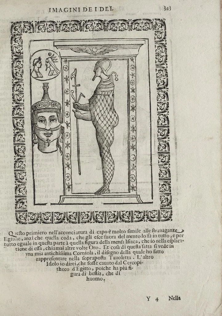 An illustration from Imagini Delli Dei De Gl'Antichi Di Vincenzo Cartari Reggiano: Ridotte da capo à piedi alle loro reali, & non più per l'adietro osseruate simiglianze. Cauate da' Marmi, Bronzi, Medaglie, Gioie, & altre memorie antiche; con esquisito studio, & particolare diligenza Da Lorenzo Pignoria Padoano. Aggionteui le Annotationi del medesimo sopra tutta l'opera ... Con le Allegorie sopra le Imagini di Cesare Malfatti Padoano, migliorate, & accresciute nouamente. Et vn Catalogo di cento più famosi dei della Gentilità. Con l'aggiunta d'vn'altro Catalogo de gl'Autori Antichi, & Moderni ..., 1674, leaf 371