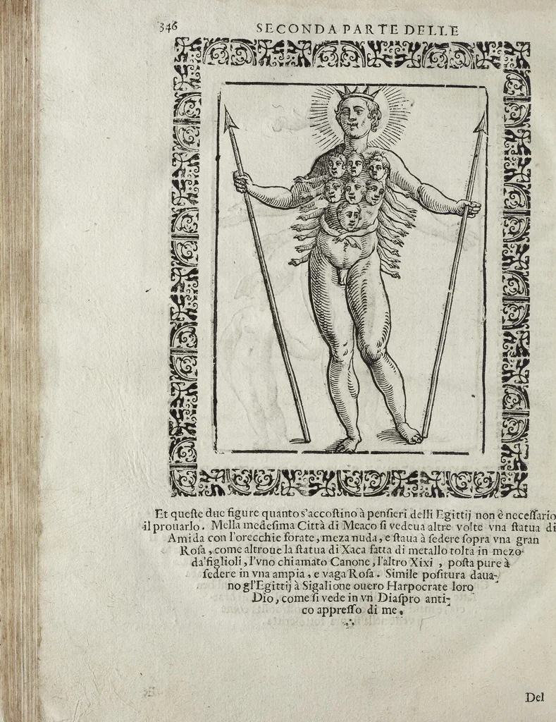 An illustration from Imagini Delli Dei De Gl'Antichi Di Vincenzo Cartari Reggiano: Ridotte da capo à piedi alle loro reali, & non più per l'adietro osseruate simiglianze. Cauate da' Marmi, Bronzi, Medaglie, Gioie, & altre memorie antiche; con esquisito studio, & particolare diligenza Da Lorenzo Pignoria Padoano. Aggionteui le Annotationi del medesimo sopra tutta l'opera ... Con le Allegorie sopra le Imagini di Cesare Malfatti Padoano, migliorate, & accresciute nouamente. Et vn Catalogo di cento più famosi dei della Gentilità. Con l'aggiunta d'vn'altro Catalogo de gl'Autori Antichi, & Moderni ..., 1674, leaf 374