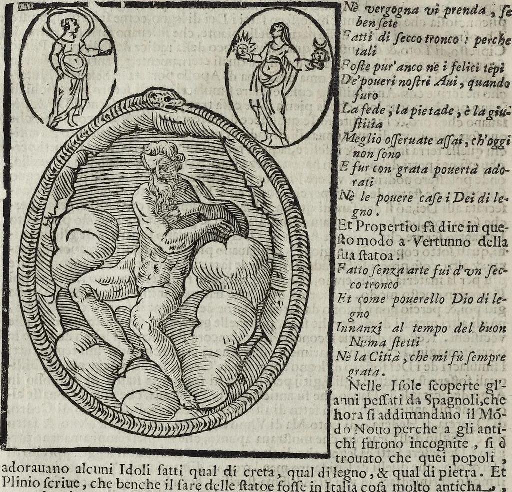 An illustration from Imagini Delli Dei De Gl'Antichi Di Vincenzo Cartari Reggiano: Ridotte da capo à piedi alle loro reali, & non più per l'adietro osseruate simiglianze. Cauate da' Marmi, Bronzi, Medaglie, Gioie, & altre memorie antiche; con esquisito studio, & particolare diligenza Da Lorenzo Pignoria Padoano. Aggionteui le Annotationi del medesimo sopra tutta l'opera ... Con le Allegorie sopra le Imagini di Cesare Malfatti Padoano, migliorate, & accresciute nouamente. Et vn Catalogo di cento più famosi dei della Gentilità. Con l'aggiunta d'vn'altro Catalogo de gl'Autori Antichi, & Moderni ..., 1674, leaf 38