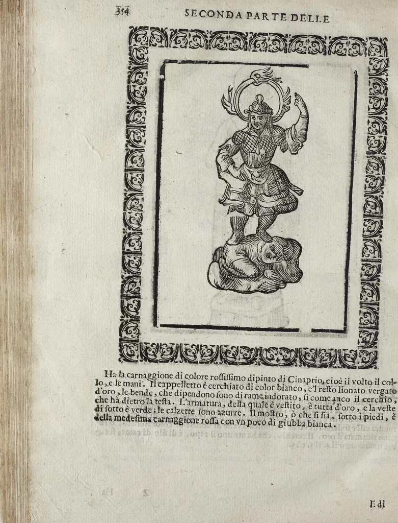 An illustration from Imagini Delli Dei De Gl'Antichi Di Vincenzo Cartari Reggiano: Ridotte da capo à piedi alle loro reali, & non più per l'adietro osseruate simiglianze. Cauate da' Marmi, Bronzi, Medaglie, Gioie, & altre memorie antiche; con esquisito studio, & particolare diligenza Da Lorenzo Pignoria Padoano. Aggionteui le Annotationi del medesimo sopra tutta l'opera ... Con le Allegorie sopra le Imagini di Cesare Malfatti Padoano, migliorate, & accresciute nouamente. Et vn Catalogo di cento più famosi dei della Gentilità. Con l'aggiunta d'vn'altro Catalogo de gl'Autori Antichi, & Moderni ..., 1674, leaf 382