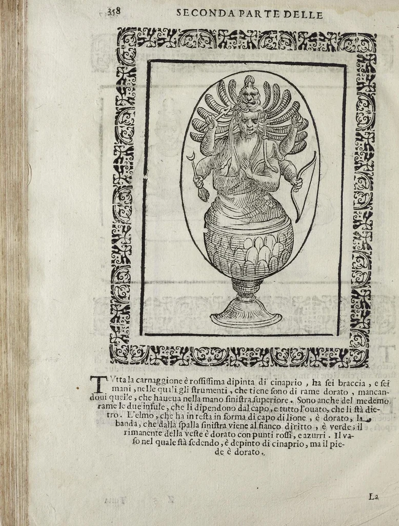 An illustration from Imagini Delli Dei De Gl'Antichi Di Vincenzo Cartari Reggiano: Ridotte da capo à piedi alle loro reali, & non più per l'adietro osseruate simiglianze. Cauate da' Marmi, Bronzi, Medaglie, Gioie, & altre memorie antiche; con esquisito studio, & particolare diligenza Da Lorenzo Pignoria Padoano. Aggionteui le Annotationi del medesimo sopra tutta l'opera ... Con le Allegorie sopra le Imagini di Cesare Malfatti Padoano, migliorate, & accresciute nouamente. Et vn Catalogo di cento più famosi dei della Gentilità. Con l'aggiunta d'vn'altro Catalogo de gl'Autori Antichi, & Moderni ..., 1674, leaf 386