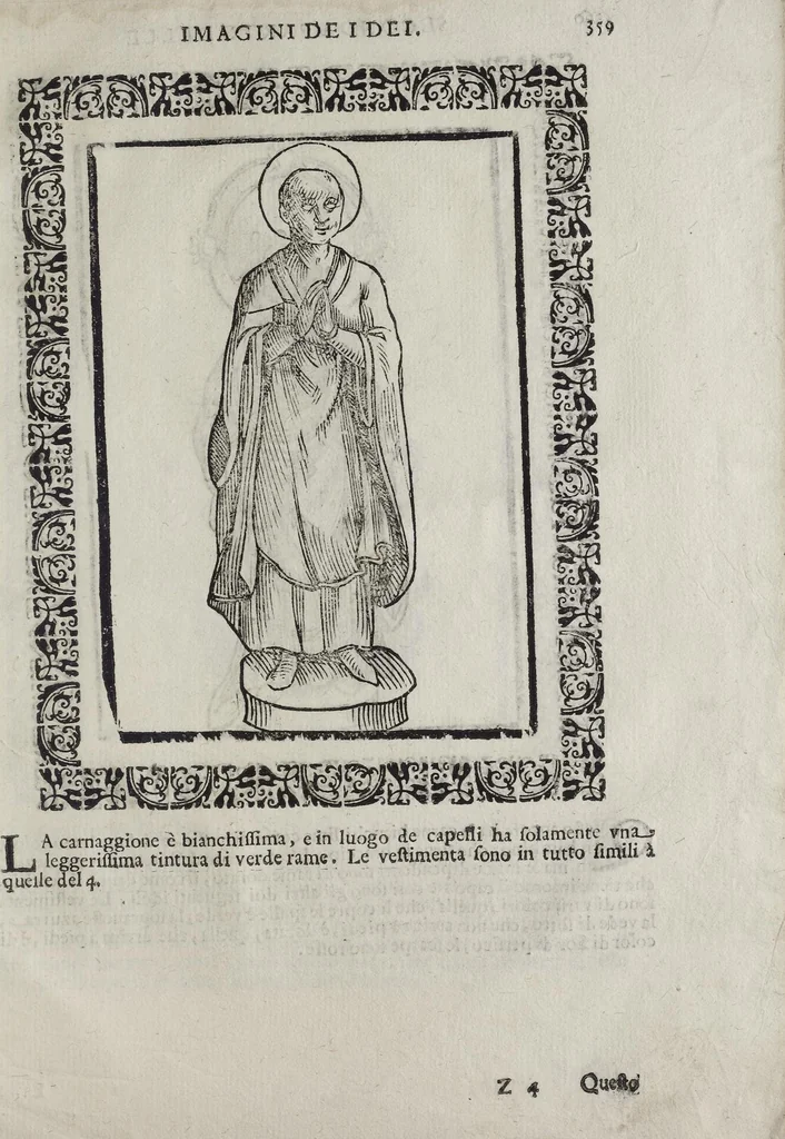 An illustration from Imagini Delli Dei De Gl'Antichi Di Vincenzo Cartari Reggiano: Ridotte da capo à piedi alle loro reali, & non più per l'adietro osseruate simiglianze. Cauate da' Marmi, Bronzi, Medaglie, Gioie, & altre memorie antiche; con esquisito studio, & particolare diligenza Da Lorenzo Pignoria Padoano. Aggionteui le Annotationi del medesimo sopra tutta l'opera ... Con le Allegorie sopra le Imagini di Cesare Malfatti Padoano, migliorate, & accresciute nouamente. Et vn Catalogo di cento più famosi dei della Gentilità. Con l'aggiunta d'vn'altro Catalogo de gl'Autori Antichi, & Moderni ..., 1674, leaf 387