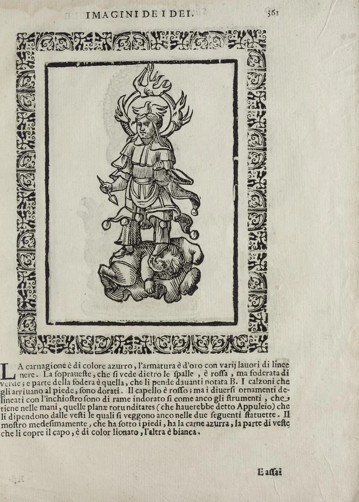 An illustration from Imagini Delli Dei De Gl'Antichi Di Vincenzo Cartari Reggiano: Ridotte da capo à piedi alle loro reali, & non più per l'adietro osseruate simiglianze. Cauate da' Marmi, Bronzi, Medaglie, Gioie, & altre memorie antiche; con esquisito studio, & particolare diligenza Da Lorenzo Pignoria Padoano. Aggionteui le Annotationi del medesimo sopra tutta l'opera ... Con le Allegorie sopra le Imagini di Cesare Malfatti Padoano, migliorate, & accresciute nouamente. Et vn Catalogo di cento più famosi dei della Gentilità. Con l'aggiunta d'vn'altro Catalogo de gl'Autori Antichi, & Moderni ..., 1674, leaf 389