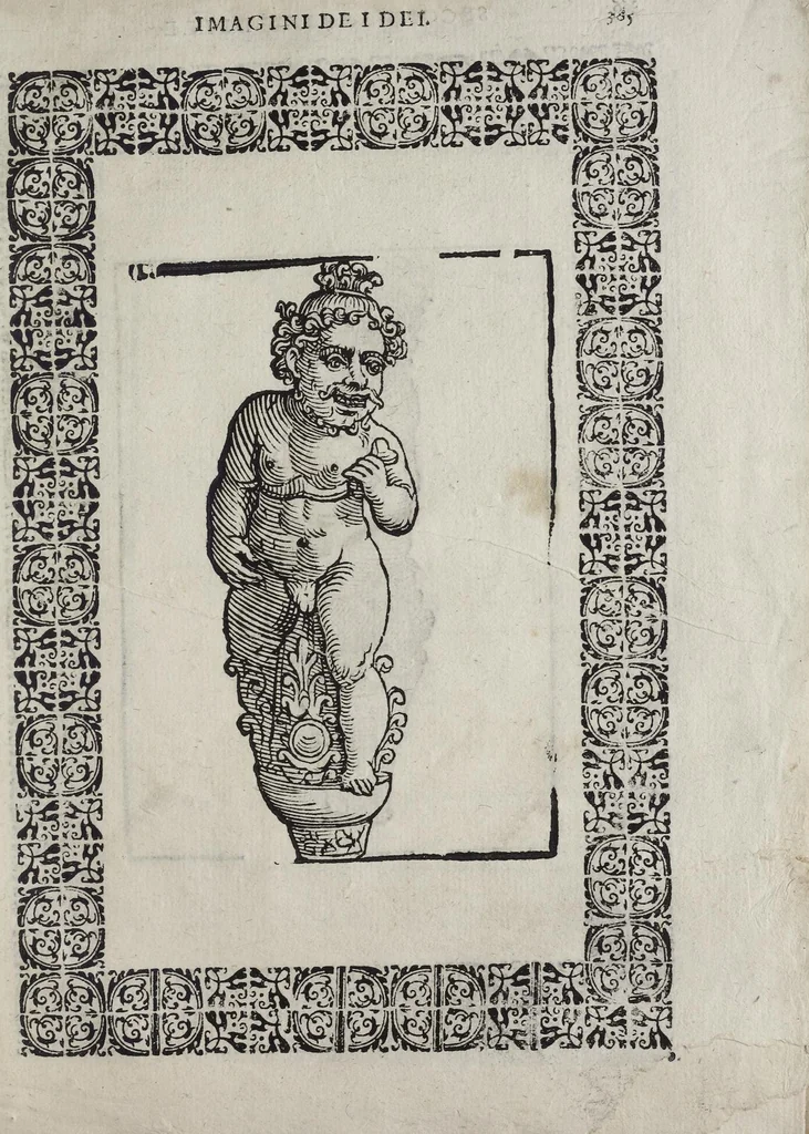 An illustration from Imagini Delli Dei De Gl'Antichi Di Vincenzo Cartari Reggiano: Ridotte da capo à piedi alle loro reali, & non più per l'adietro osseruate simiglianze. Cauate da' Marmi, Bronzi, Medaglie, Gioie, & altre memorie antiche; con esquisito studio, & particolare diligenza Da Lorenzo Pignoria Padoano. Aggionteui le Annotationi del medesimo sopra tutta l'opera ... Con le Allegorie sopra le Imagini di Cesare Malfatti Padoano, migliorate, & accresciute nouamente. Et vn Catalogo di cento più famosi dei della Gentilità. Con l'aggiunta d'vn'altro Catalogo de gl'Autori Antichi, & Moderni ..., 1674, leaf 393