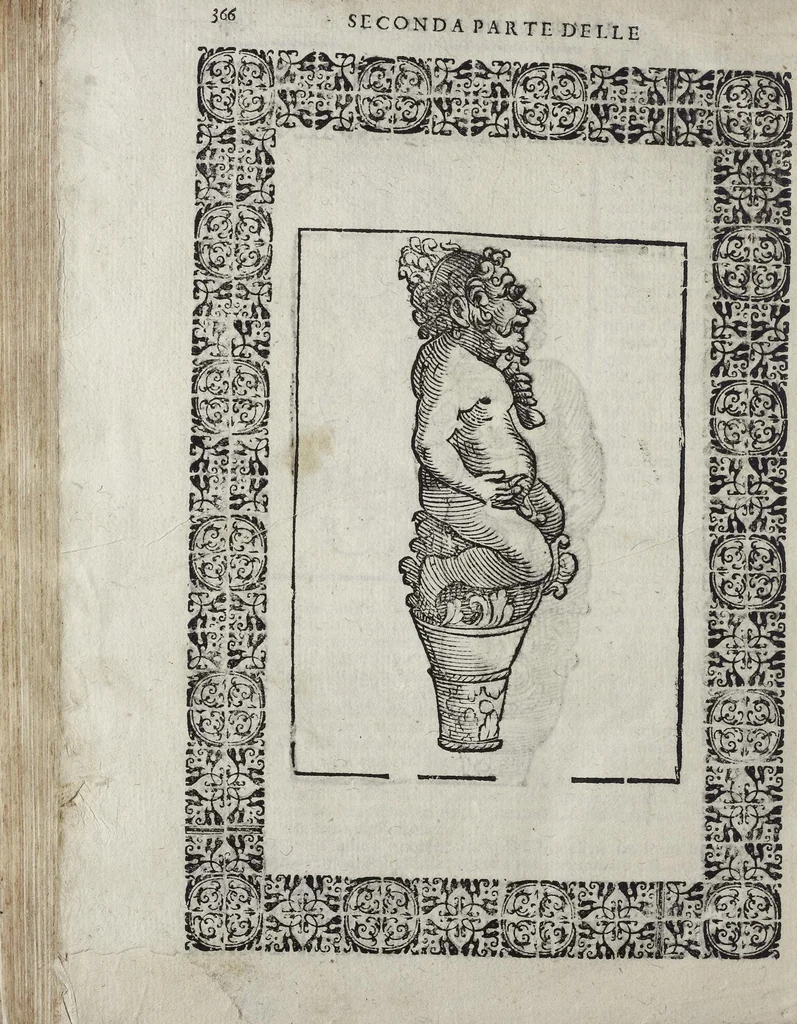 An illustration from Imagini Delli Dei De Gl'Antichi Di Vincenzo Cartari Reggiano: Ridotte da capo à piedi alle loro reali, & non più per l'adietro osseruate simiglianze. Cauate da' Marmi, Bronzi, Medaglie, Gioie, & altre memorie antiche; con esquisito studio, & particolare diligenza Da Lorenzo Pignoria Padoano. Aggionteui le Annotationi del medesimo sopra tutta l'opera ... Con le Allegorie sopra le Imagini di Cesare Malfatti Padoano, migliorate, & accresciute nouamente. Et vn Catalogo di cento più famosi dei della Gentilità. Con l'aggiunta d'vn'altro Catalogo de gl'Autori Antichi, & Moderni ..., 1674, leaf 394