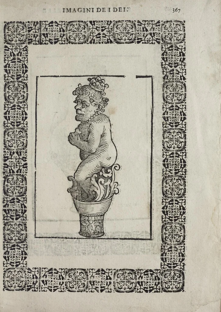 An illustration from Imagini Delli Dei De Gl'Antichi Di Vincenzo Cartari Reggiano: Ridotte da capo à piedi alle loro reali, & non più per l'adietro osseruate simiglianze. Cauate da' Marmi, Bronzi, Medaglie, Gioie, & altre memorie antiche; con esquisito studio, & particolare diligenza Da Lorenzo Pignoria Padoano. Aggionteui le Annotationi del medesimo sopra tutta l'opera ... Con le Allegorie sopra le Imagini di Cesare Malfatti Padoano, migliorate, & accresciute nouamente. Et vn Catalogo di cento più famosi dei della Gentilità. Con l'aggiunta d'vn'altro Catalogo de gl'Autori Antichi, & Moderni ..., 1674, leaf 395