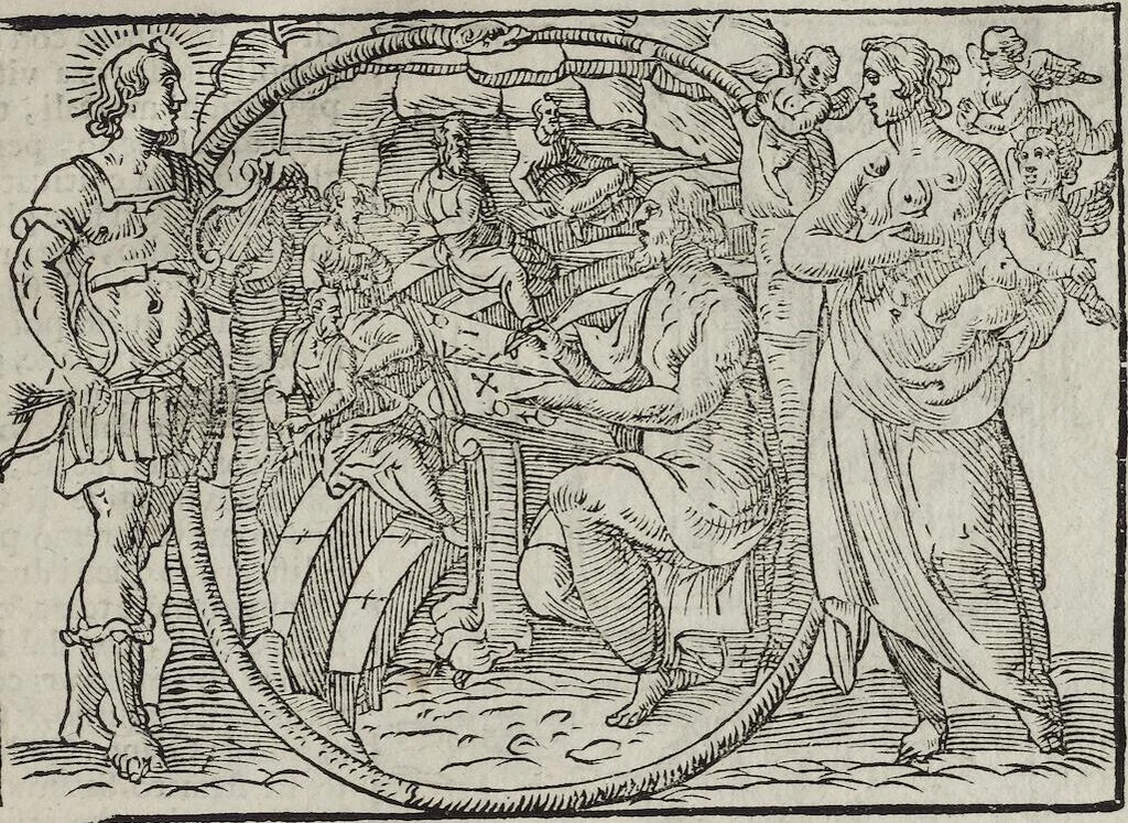 An illustration from Imagini Delli Dei De Gl'Antichi Di Vincenzo Cartari Reggiano: Ridotte da capo à piedi alle loro reali, & non più per l'adietro osseruate simiglianze. Cauate da' Marmi, Bronzi, Medaglie, Gioie, & altre memorie antiche; con esquisito studio, & particolare diligenza Da Lorenzo Pignoria Padoano. Aggionteui le Annotationi del medesimo sopra tutta l'opera ... Con le Allegorie sopra le Imagini di Cesare Malfatti Padoano, migliorate, & accresciute nouamente. Et vn Catalogo di cento più famosi dei della Gentilità. Con l'aggiunta d'vn'altro Catalogo de gl'Autori Antichi, & Moderni ..., 1674, leaf 41