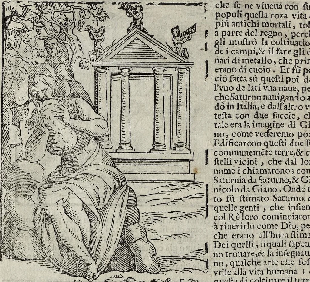 An illustration from Imagini Delli Dei De Gl'Antichi Di Vincenzo Cartari Reggiano: Ridotte da capo à piedi alle loro reali, & non più per l'adietro osseruate simiglianze. Cauate da' Marmi, Bronzi, Medaglie, Gioie, & altre memorie antiche; con esquisito studio, & particolare diligenza Da Lorenzo Pignoria Padoano. Aggionteui le Annotationi del medesimo sopra tutta l'opera ... Con le Allegorie sopra le Imagini di Cesare Malfatti Padoano, migliorate, & accresciute nouamente. Et vn Catalogo di cento più famosi dei della Gentilità. Con l'aggiunta d'vn'altro Catalogo de gl'Autori Antichi, & Moderni ..., 1674, leaf 42