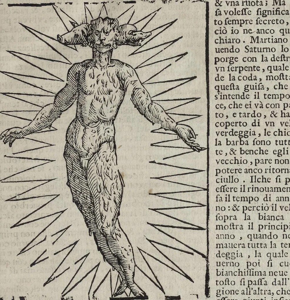 An illustration from Imagini Delli Dei De Gl'Antichi Di Vincenzo Cartari Reggiano: Ridotte da capo à piedi alle loro reali, & non più per l'adietro osseruate simiglianze. Cauate da' Marmi, Bronzi, Medaglie, Gioie, & altre memorie antiche; con esquisito studio, & particolare diligenza Da Lorenzo Pignoria Padoano. Aggionteui le Annotationi del medesimo sopra tutta l'opera ... Con le Allegorie sopra le Imagini di Cesare Malfatti Padoano, migliorate, & accresciute nouamente. Et vn Catalogo di cento più famosi dei della Gentilità. Con l'aggiunta d'vn'altro Catalogo de gl'Autori Antichi, & Moderni ..., 1674, leaf 45