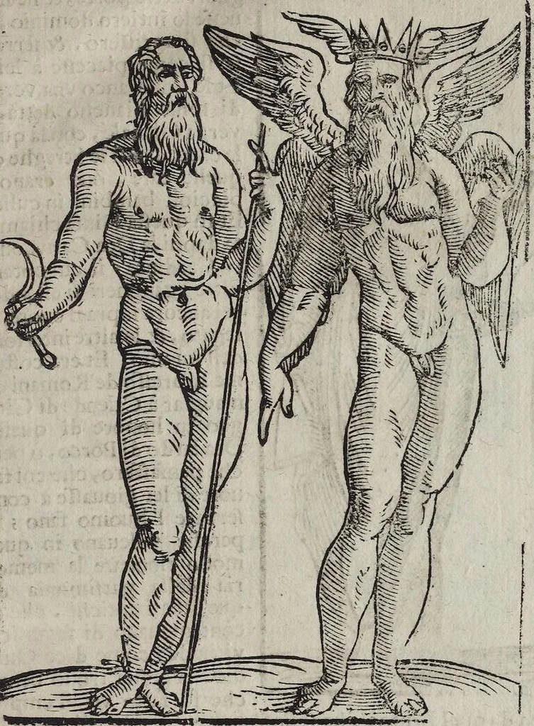 An illustration from Imagini Delli Dei De Gl'Antichi Di Vincenzo Cartari Reggiano: Ridotte da capo à piedi alle loro reali, & non più per l'adietro osseruate simiglianze. Cauate da' Marmi, Bronzi, Medaglie, Gioie, & altre memorie antiche; con esquisito studio, & particolare diligenza Da Lorenzo Pignoria Padoano. Aggionteui le Annotationi del medesimo sopra tutta l'opera ... Con le Allegorie sopra le Imagini di Cesare Malfatti Padoano, migliorate, & accresciute nouamente. Et vn Catalogo di cento più famosi dei della Gentilità. Con l'aggiunta d'vn'altro Catalogo de gl'Autori Antichi, & Moderni ..., 1674, leaf 47