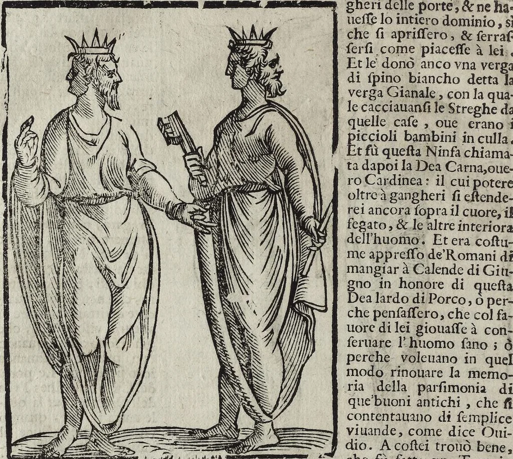 An illustration from Imagini Delli Dei De Gl'Antichi Di Vincenzo Cartari Reggiano: Ridotte da capo à piedi alle loro reali, & non più per l'adietro osseruate simiglianze. Cauate da' Marmi, Bronzi, Medaglie, Gioie, & altre memorie antiche; con esquisito studio, & particolare diligenza Da Lorenzo Pignoria Padoano. Aggionteui le Annotationi del medesimo sopra tutta l'opera ... Con le Allegorie sopra le Imagini di Cesare Malfatti Padoano, migliorate, & accresciute nouamente. Et vn Catalogo di cento più famosi dei della Gentilità. Con l'aggiunta d'vn'altro Catalogo de gl'Autori Antichi, & Moderni ..., 1674, leaf 48