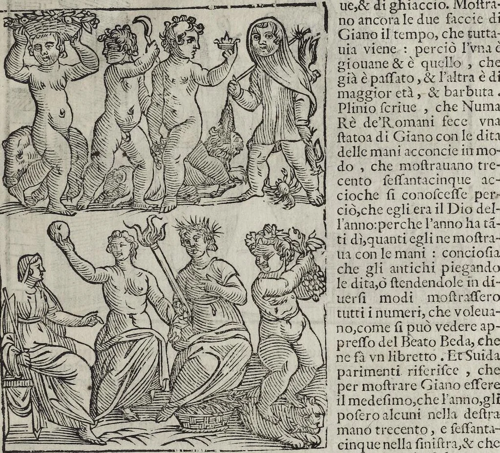 An illustration from Imagini Delli Dei De Gl'Antichi Di Vincenzo Cartari Reggiano: Ridotte da capo à piedi alle loro reali, & non più per l'adietro osseruate simiglianze. Cauate da' Marmi, Bronzi, Medaglie, Gioie, & altre memorie antiche; con esquisito studio, & particolare diligenza Da Lorenzo Pignoria Padoano. Aggionteui le Annotationi del medesimo sopra tutta l'opera ... Con le Allegorie sopra le Imagini di Cesare Malfatti Padoano, migliorate, & accresciute nouamente. Et vn Catalogo di cento più famosi dei della Gentilità. Con l'aggiunta d'vn'altro Catalogo de gl'Autori Antichi, & Moderni ..., 1674, leaf 49
