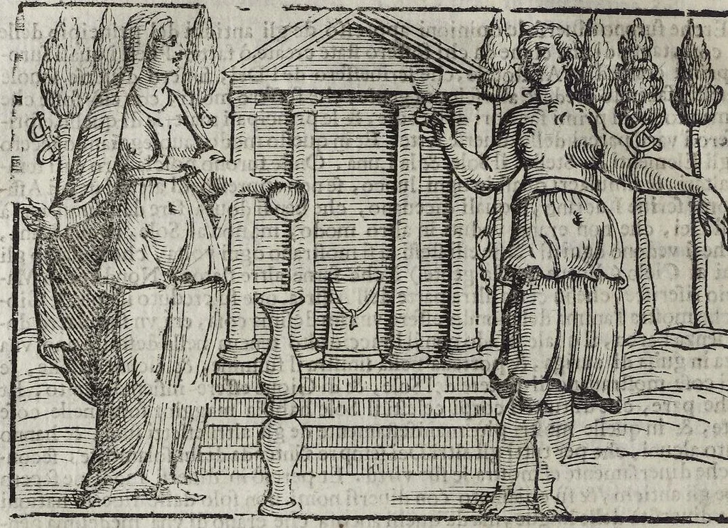 An illustration from Imagini Delli Dei De Gl'Antichi Di Vincenzo Cartari Reggiano: Ridotte da capo à piedi alle loro reali, & non più per l'adietro osseruate simiglianze. Cauate da' Marmi, Bronzi, Medaglie, Gioie, & altre memorie antiche; con esquisito studio, & particolare diligenza Da Lorenzo Pignoria Padoano. Aggionteui le Annotationi del medesimo sopra tutta l'opera ... Con le Allegorie sopra le Imagini di Cesare Malfatti Padoano, migliorate, & accresciute nouamente. Et vn Catalogo di cento più famosi dei della Gentilità. Con l'aggiunta d'vn'altro Catalogo de gl'Autori Antichi, & Moderni ..., 1674, leaf 54