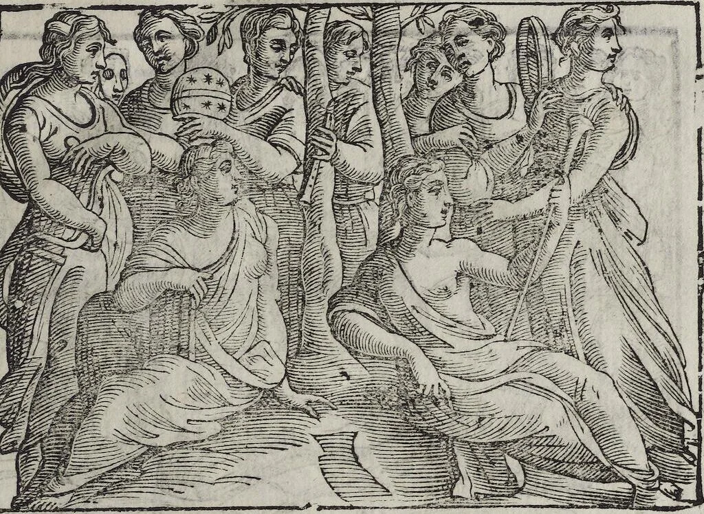 An illustration from Imagini Delli Dei De Gl'Antichi Di Vincenzo Cartari Reggiano: Ridotte da capo à piedi alle loro reali, & non più per l'adietro osseruate simiglianze. Cauate da' Marmi, Bronzi, Medaglie, Gioie, & altre memorie antiche; con esquisito studio, & particolare diligenza Da Lorenzo Pignoria Padoano. Aggionteui le Annotationi del medesimo sopra tutta l'opera ... Con le Allegorie sopra le Imagini di Cesare Malfatti Padoano, migliorate, & accresciute nouamente. Et vn Catalogo di cento più famosi dei della Gentilità. Con l'aggiunta d'vn'altro Catalogo de gl'Autori Antichi, & Moderni ..., 1674, leaf 55