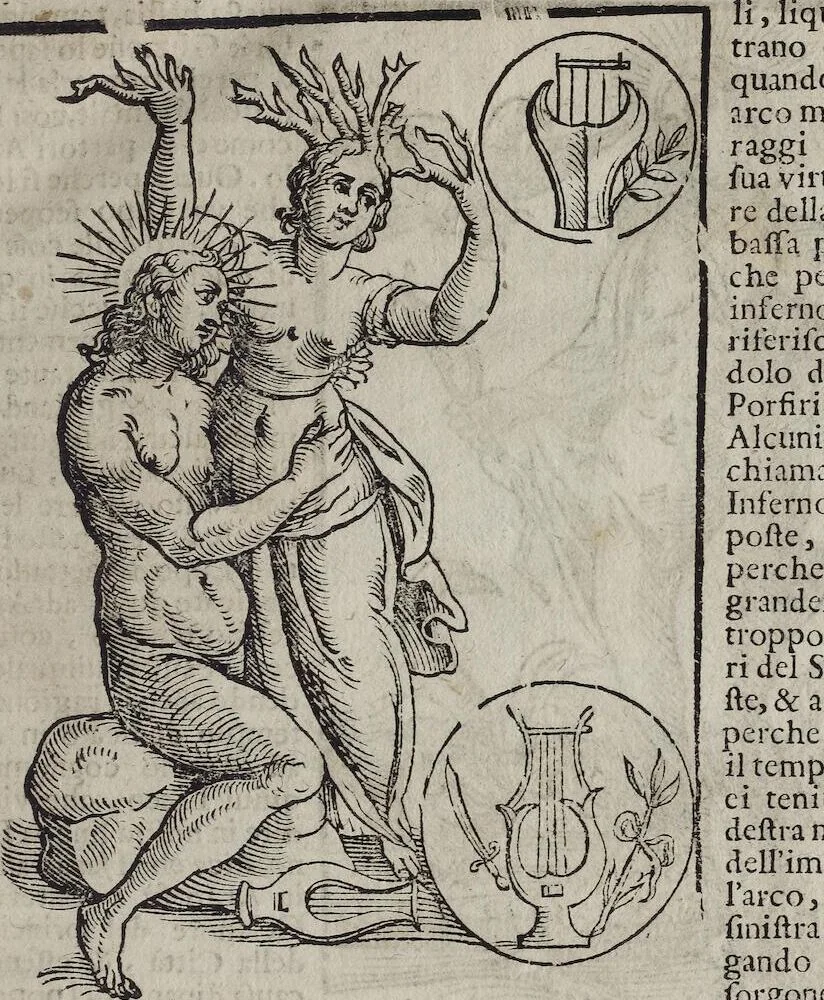 An illustration from Imagini Delli Dei De Gl'Antichi Di Vincenzo Cartari Reggiano: Ridotte da capo à piedi alle loro reali, & non più per l'adietro osseruate simiglianze. Cauate da' Marmi, Bronzi, Medaglie, Gioie, & altre memorie antiche; con esquisito studio, & particolare diligenza Da Lorenzo Pignoria Padoano. Aggionteui le Annotationi del medesimo sopra tutta l'opera ... Con le Allegorie sopra le Imagini di Cesare Malfatti Padoano, migliorate, & accresciute nouamente. Et vn Catalogo di cento più famosi dei della Gentilità. Con l'aggiunta d'vn'altro Catalogo de gl'Autori Antichi, & Moderni ..., 1674, leaf 57