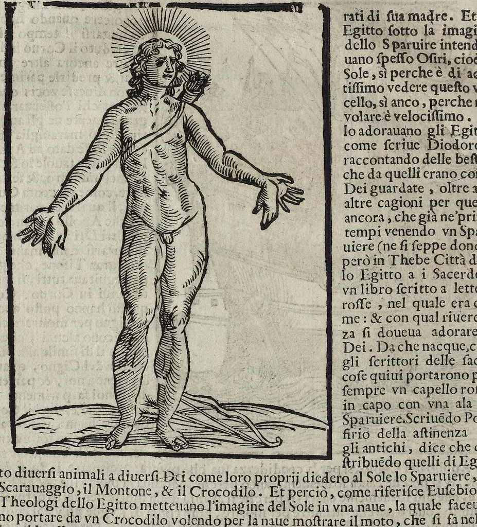 An illustration from Imagini Delli Dei De Gl'Antichi Di Vincenzo Cartari Reggiano: Ridotte da capo à piedi alle loro reali, & non più per l'adietro osseruate simiglianze. Cauate da' Marmi, Bronzi, Medaglie, Gioie, & altre memorie antiche; con esquisito studio, & particolare diligenza Da Lorenzo Pignoria Padoano. Aggionteui le Annotationi del medesimo sopra tutta l'opera ... Con le Allegorie sopra le Imagini di Cesare Malfatti Padoano, migliorate, & accresciute nouamente. Et vn Catalogo di cento più famosi dei della Gentilità. Con l'aggiunta d'vn'altro Catalogo de gl'Autori Antichi, & Moderni ..., 1674, leaf 60